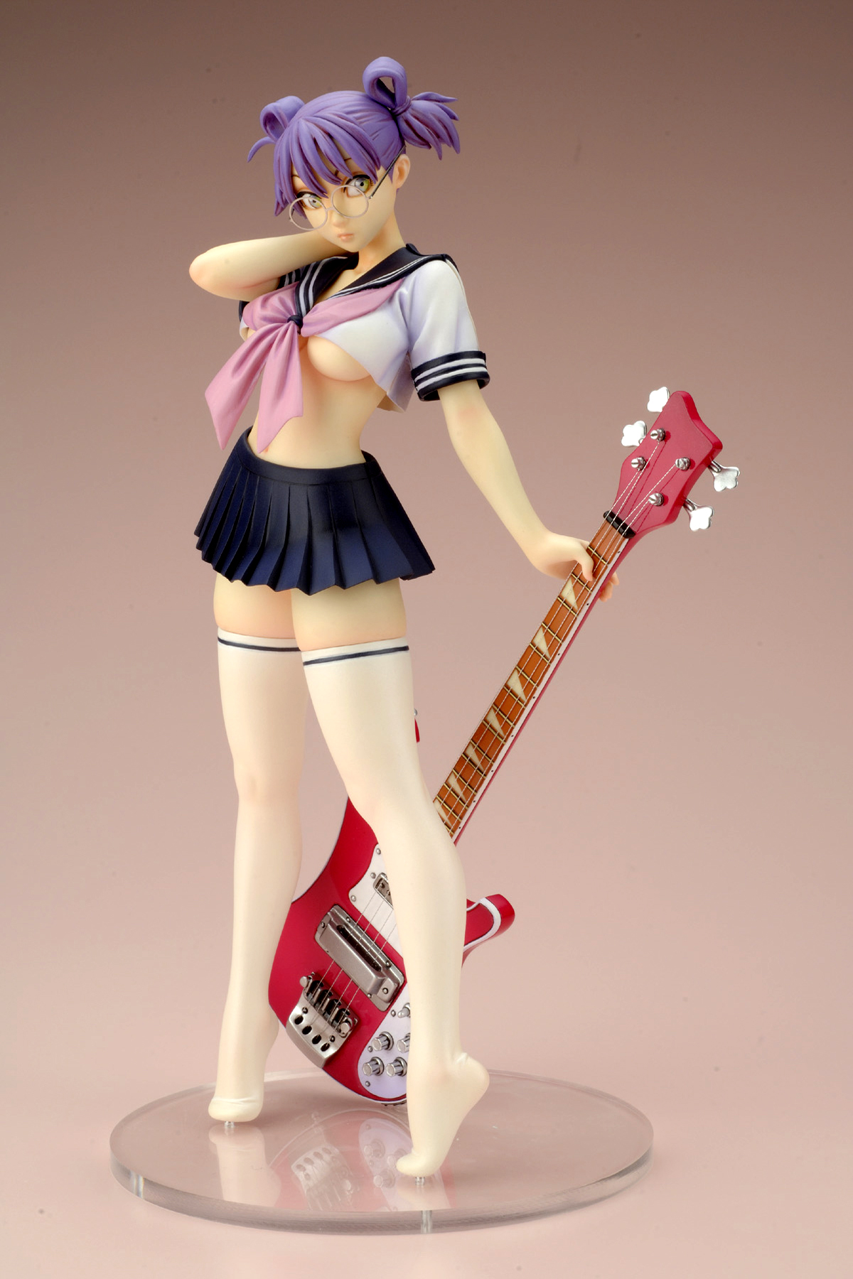 yamashita shun'ya, arisa, highres, photo (medium), figure, glasses, guitar, instrument, no humans, school uniform, serafuku, skirt, solo, thighhighs