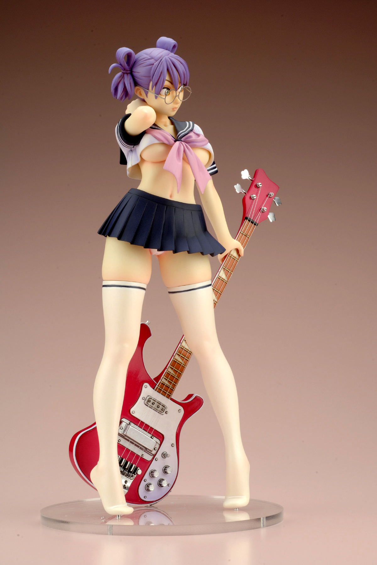 yamashita shun'ya, arisa, highres, photo (medium), figure, glasses, guitar, instrument, no humans, school uniform, serafuku, skirt, solo, thighhighs, tiptoes