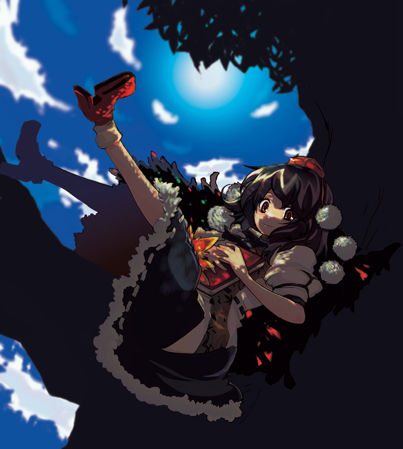 himukai yuusuke, shameimaru aya, touhou, 1girl, cloud, day, female focus, full body, gradient background, hat, nature, outdoors, plant, skirt, sky, solo, sun