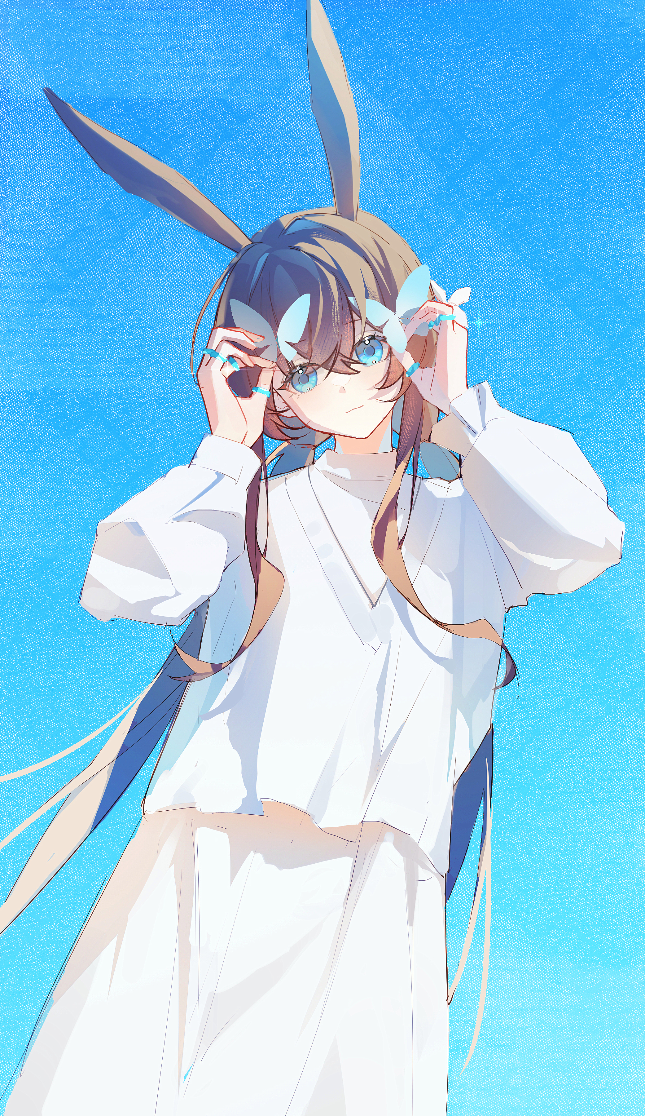 karakara (974070547), amiya (arknights), arknights, absurdres, commentary request, highres, 1girl, animal ears, blue eyes, brown hair, butterfly hair ornament, extra ears, hair between eyes, hair ornament, jewelry, long hair, looking at viewer, low twintails, multiple rings, rabbit ears, rabbit tail, ring, shirt, sidelocks, skirt, solo, tail, twintails, white shirt, white skirt