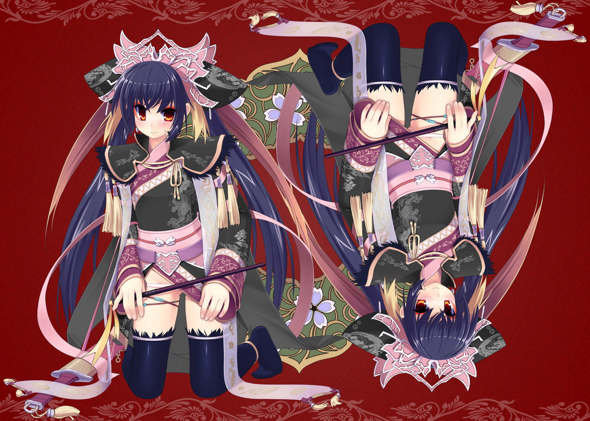 amasa mitsunaru, touhaku, sangokushi taisen, highres, 1girl, fantasy, female focus, full body, long hair, lowleg, lowleg panties, panties, pink panties, reference sheet, thighhighs, twintails, underwear, very long hair