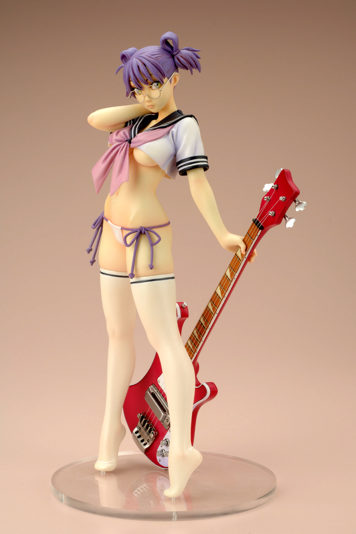 yamashita shun'ya, arisa, highres, 1girl, female focus, figure, glasses, guitar, instrument, no pants, panties, side-tie panties, solo, thighhighs, underwear