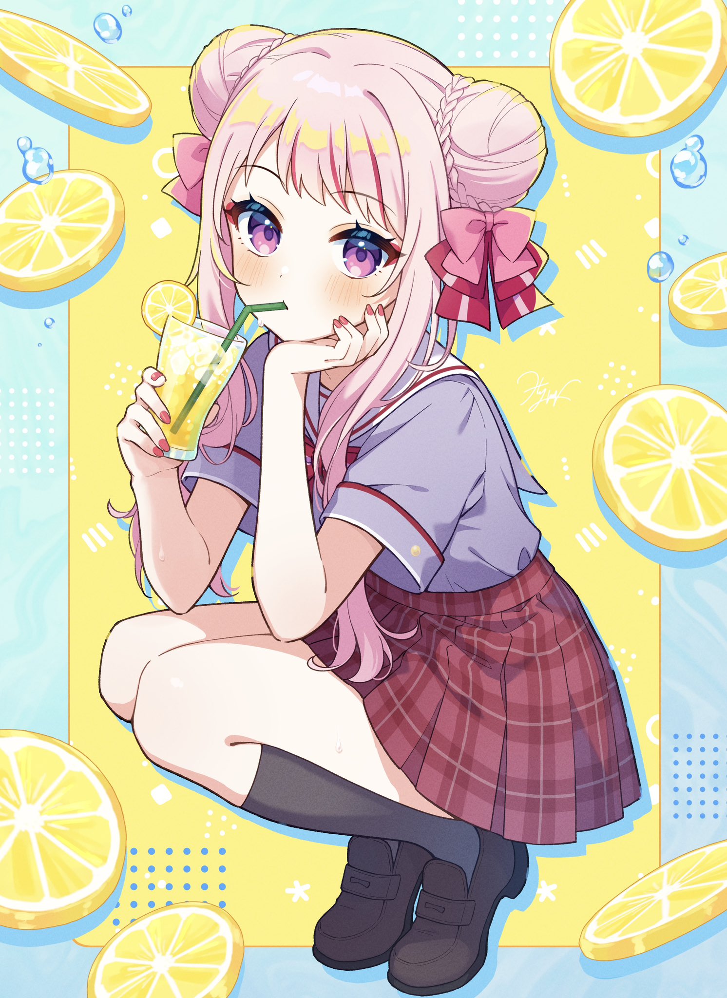 hayamaro65, tanaka hime, himehina channel, highres, 1girl, alternate costume, blush, bow, bubble, cup, double bun, drink, drinking, drinking straw, food, fruit, hair bow, hair bun, holding, holding cup, lemon, lemon slice, lemonade, long hair, looking at viewer, pink hair, purple eyes, school uniform, solo, virtual youtuber