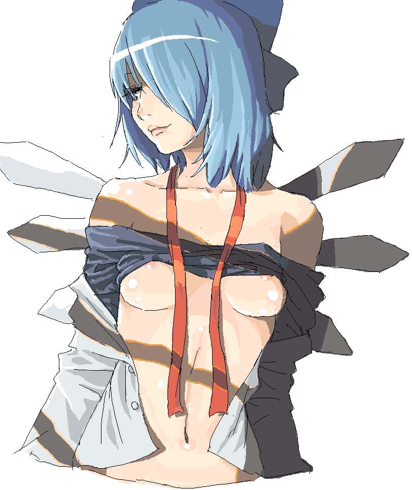 cirno, embodiment of scarlet devil, touhou, 1girl, aged up, breasts, cosplay, female focus, hair over one eye, neck ribbon, nipples, oekaki, parody, solo, underboob, undone neck ribbon