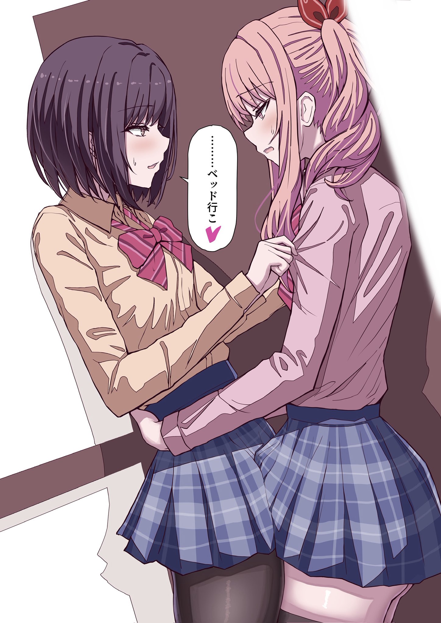 chin gero, akiyama mizuki, shinonome ena, project sekai, highres, 1girl, 1other, ass, blush, bow, brown eyes, brown hair, brown shirt, bulge, collared shirt, erection, erection under clothes, long sleeves, open mouth, pantyhose, pink eyes, pink hair, pink shirt, pleated skirt, shirt, short hair, side ponytail, sidelocks, skirt, thighhighs