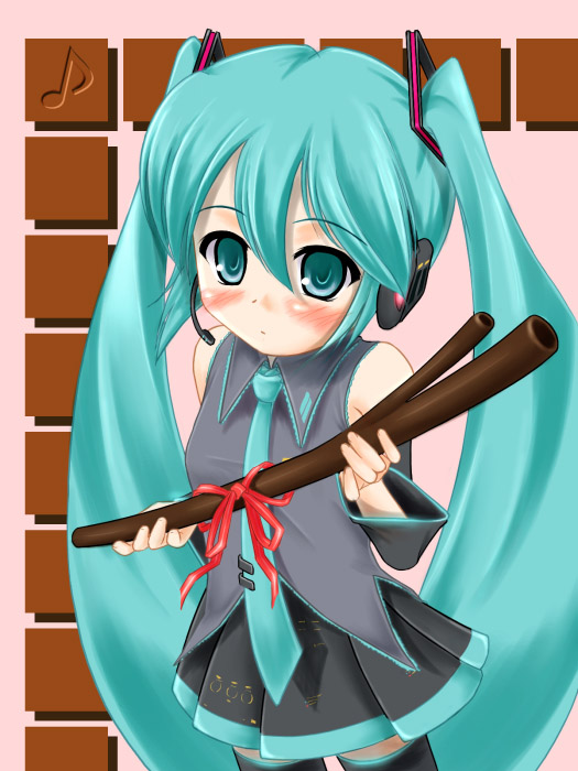 katsuragi niya, hatsune miku, vocaloid, 1girl, aqua eyes, aqua hair, aqua necktie, black thighhighs, blush, chocolate, detached sleeves, embarrassed, female focus, flat chest, gift, hair ornament, headset, holding, holding gift, long hair, musical note, necktie, pleated skirt, ribbon, skirt, solo, spring onion, standing, thighhighs, twintails, valentine, very long hair, zettai ryouiki
