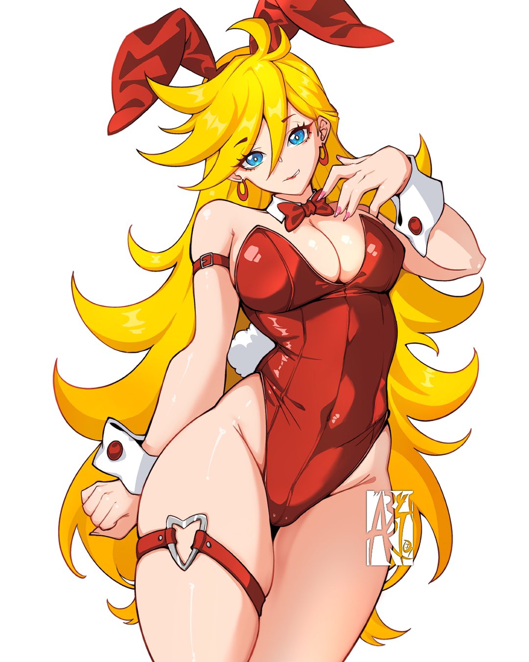 aryi077, panty (psg), panty & stocking with garterbelt, highres, 1girl, animal ears, blonde hair, blue eyes, bow, bowtie, breasts, detached collar, dress, fake animal ears, leotard, long hair, looking at viewer, pantyhose, playboy bunny, rabbit ears, solo, strapless, strapless leotard, wrist cuffs