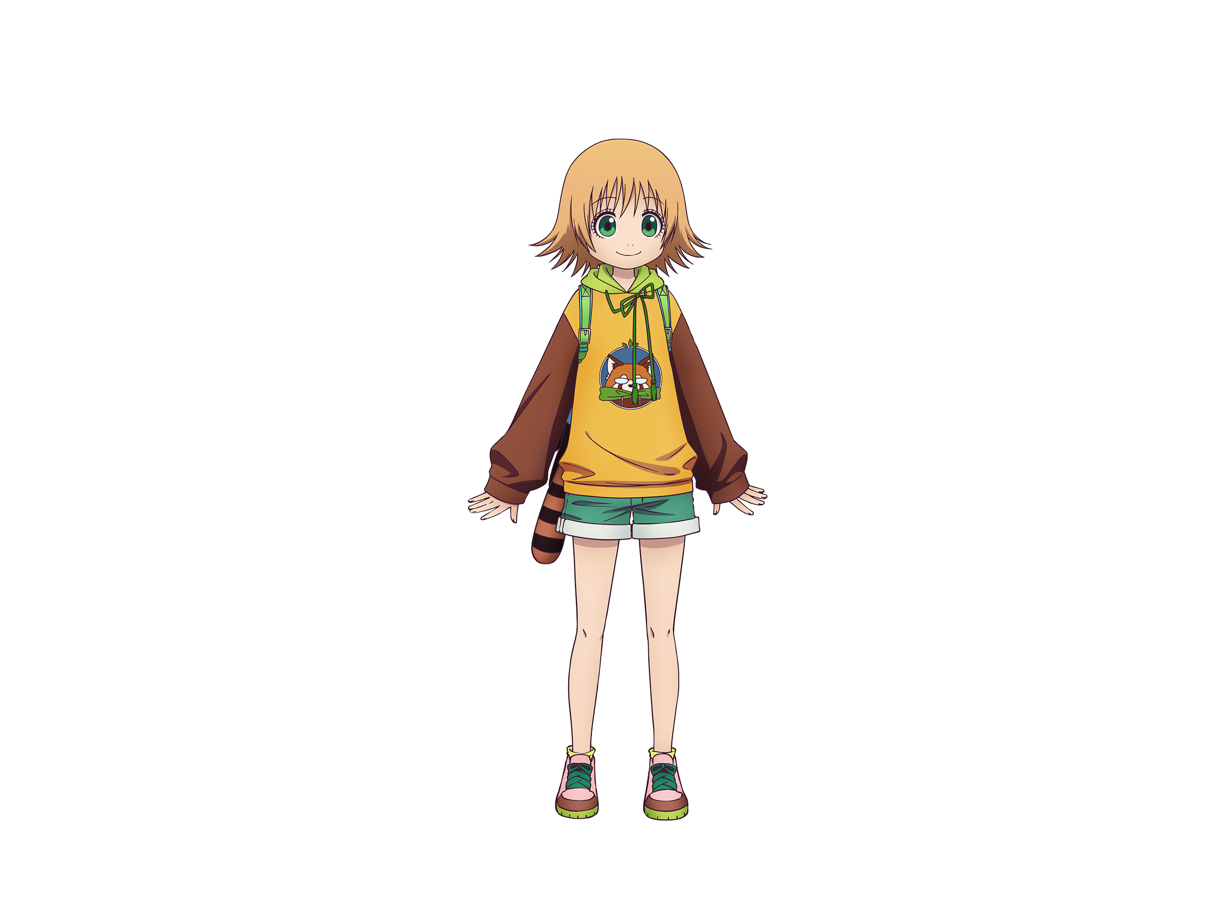 tanabe youko, dekin no mogura, highres, official art, 1girl, anime coloring, backpack, bag, brown hair, closed mouth, denim, denim shorts, fake tail, flat chest, flipped hair, full body, green eyes, green hood, green shorts, hood, hood down, hoodie, kirihara yaeko, long sleeves, looking at viewer, pink shoes, raccoon print, raccoon tail, shoes, short hair, short shorts, shorts, simple background, smile, sneakers, solo, standing, tail, transparent background, two-tone hoodie, yellow hoodie