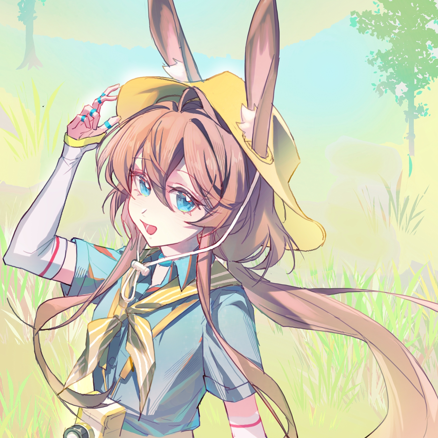 karakara (974070547), amiya (arknights), arknights, highres, 1girl, animal ear fluff, animal ears, blue eyes, blue shirt, blush, brown hair, camera, camera around neck, hair between eyes, hat, long hair, looking at viewer, low ponytail, neckerchief, open mouth, ponytail, rabbit ears, rabbit girl, shirt, short sleeves, sidelocks, solo, upper body, white arm warmers, yellow hat, yellow neckerchief