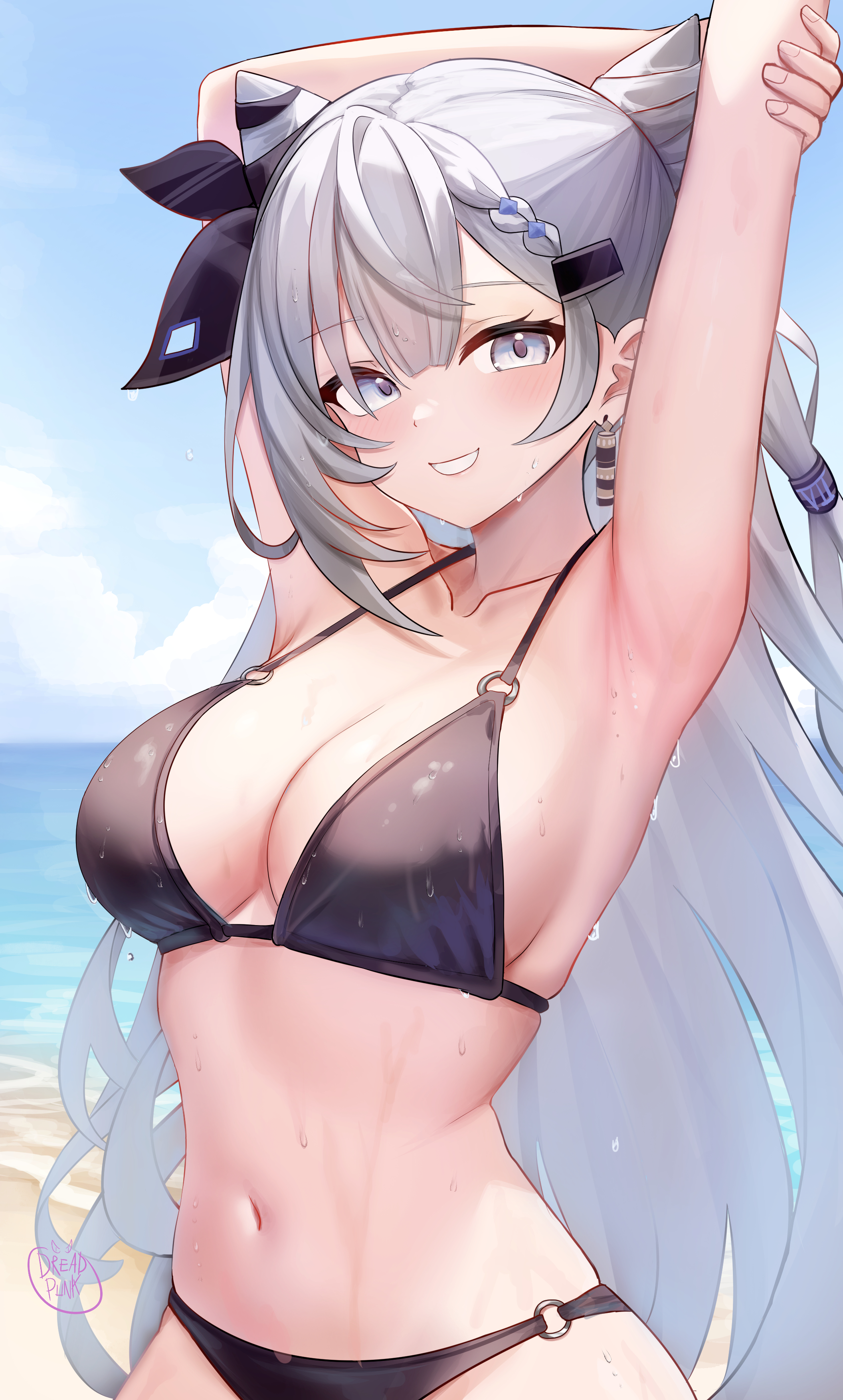 dreadpunk, vestia zeta, hololive, hololive indonesia, absurdres, highres, 1girl, arms up, beach, bikini, black bikini, blue sky, breasts, cleavage, cloud, day, grey eyes, grey hair, grin, large breasts, outdoors, sky, smile, solo, swimsuit, virtual youtuber, wet