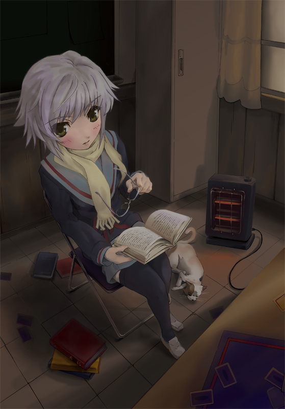 sumire (artist), urabi (tomatohouse), nagato yuki, suzumiya haruhi no yuuutsu, bad id, bad pixiv id, 00s, 1girl, book, cat, chair, dark, female focus, folding chair, glasses, heater, holding, holding removed eyewear, locker, open book, scarf, school uniform, serafuku, sitting, solo, thighhighs, unworn eyewear