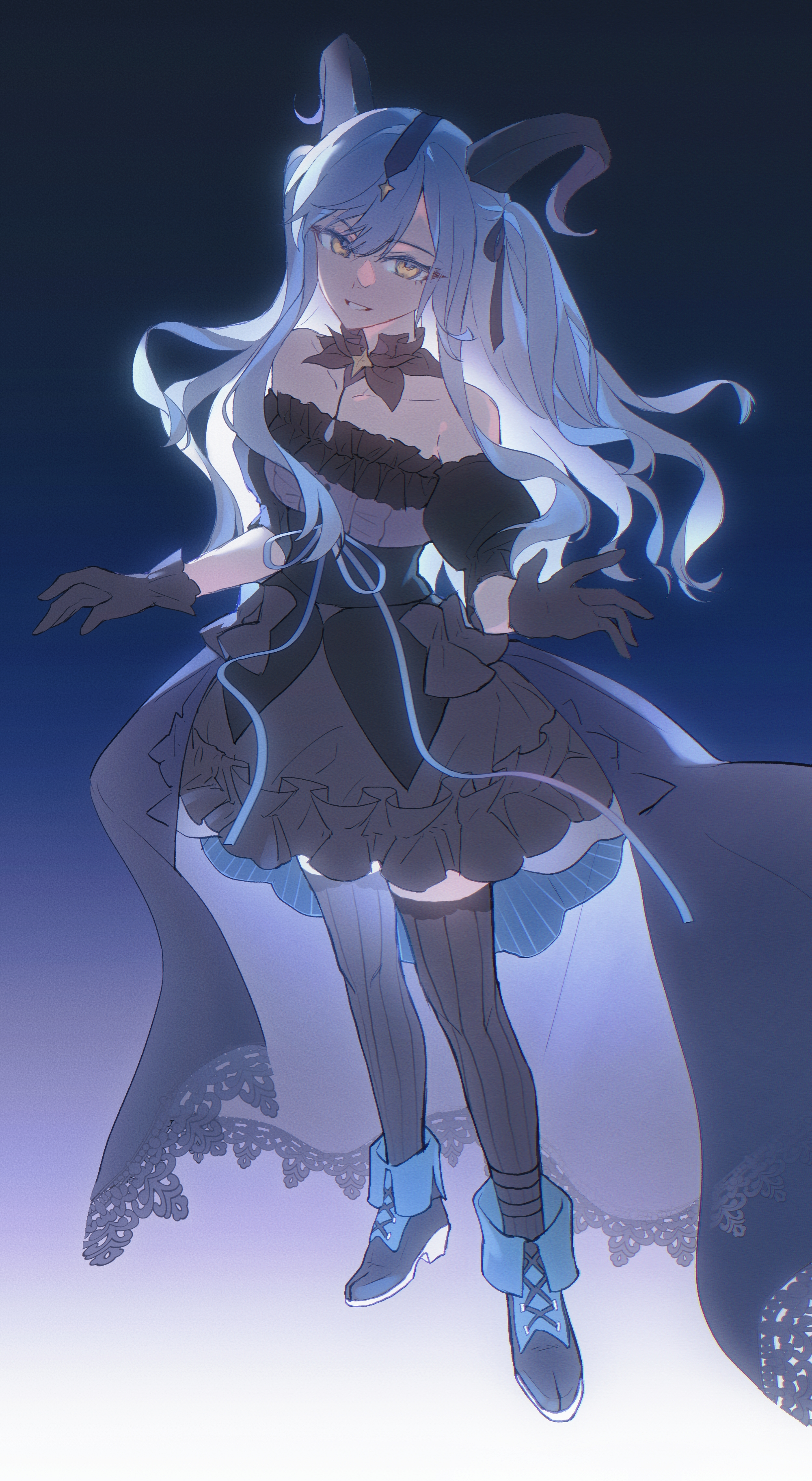 togawa sakiko, arknights, bang dream!, bang dream! it's mygo!!!!!, absurdres, chinese commentary, commentary request, highres, 1girl, bare shoulders, black boots, black dress, black gloves, black horns, black ribbon, black thighhighs, blue background, blue hair, blue ribbon, boots, curled horns, detached collar, dress, frilled dress, frills, full body, gloves, gradient background, hair ribbon, horns, long hair, looking at viewer, official alternate costume, ribbon, sidelocks, smile, solo, standing, thighhighs, togawa sakiko (master of melodia), yellow eyes, zhixu shiheng