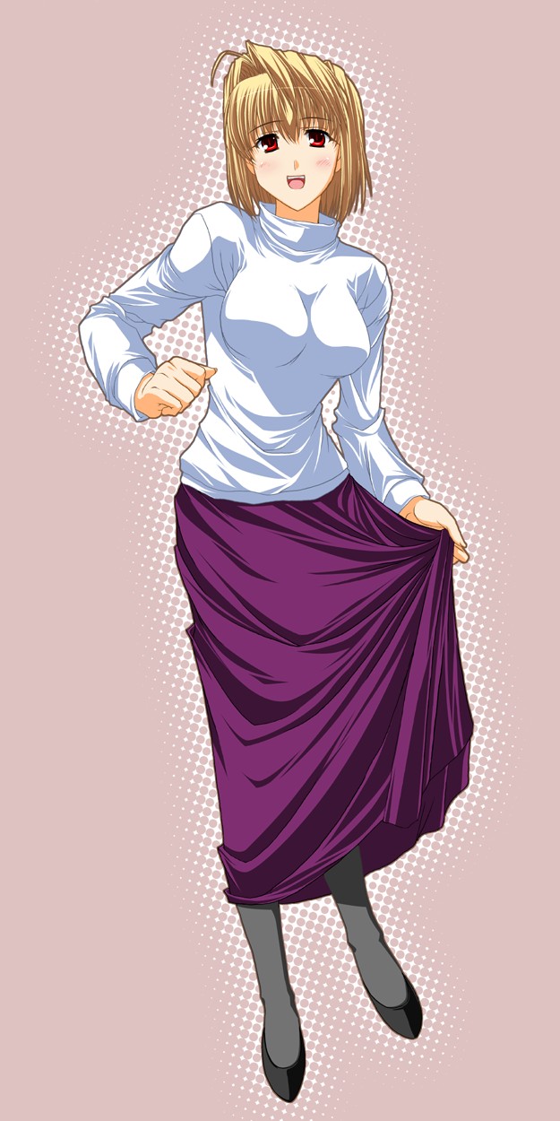 miyai sen, arcueid brunestud, tsukihime, highres, long image, tall image, 00s, 1girl, blonde hair, female focus, long skirt, pantyhose, red eyes, short hair, skirt, skirt hold, solo, sweater, turtleneck