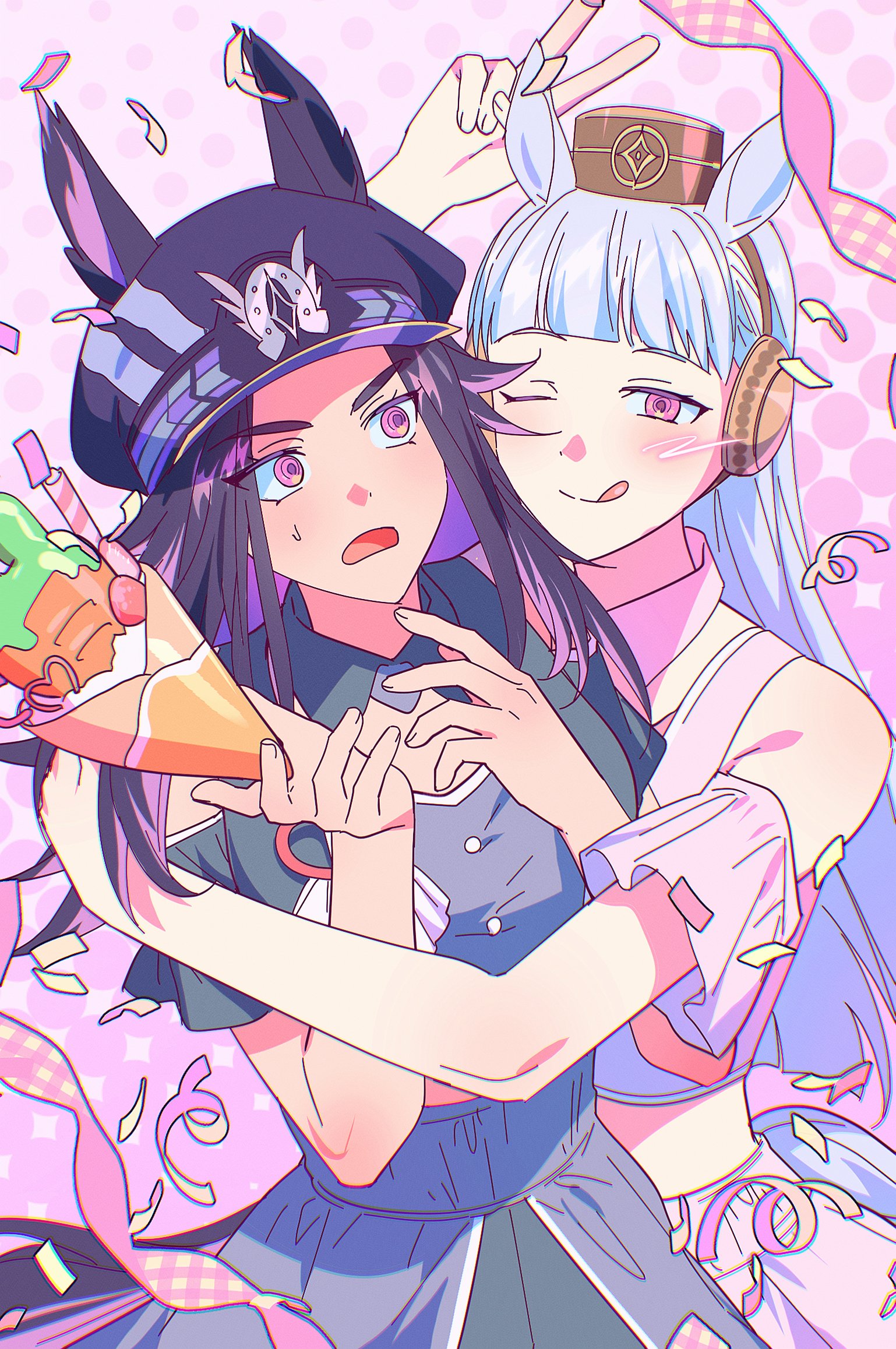 k1ngcra3, fenomeno (umamusume), gold ship (umamusume), umamusume, highres, alternate costume, animal ears, bare shoulders, black hair, black shirt, black skirt, blunt bangs, blush, breasts, brown hat, carrot, closed mouth, confetti, crepe, cropped shirt, ears through headwear, food, grey hair, hat, holding, holding crepe, holding food, horse ears, horse girl, horse tail, hug, long hair, looking at viewer, midriff, multicolored hair, multiple girls, one eye closed, open mouth, peaked cap, pillbox hat, pink shirt, pink skirt, purple eyes, purple hair, shirt, skirt, smile, sweatdrop, tail, tongue, tongue out, v