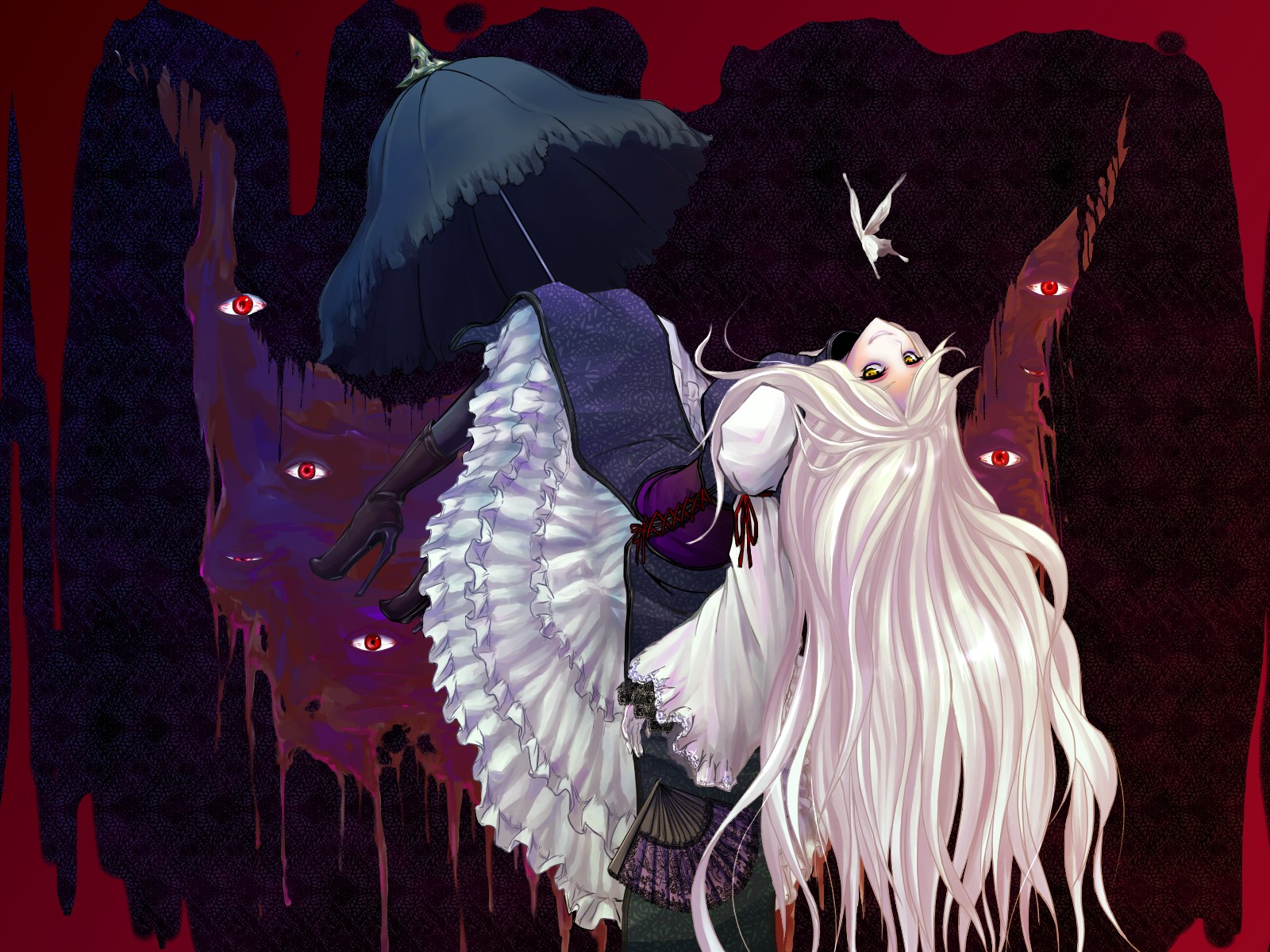 beshi, yakumo yukari, touhou, bad id, bad pixiv id, highres, 1girl, alternate eye color, black pantyhose, blonde hair, boots, bug, butterfly, corset, creepy, dress, eyeshadow, female focus, folding fan, frilled dress, frills, gap (touhou), hand fan, high heels, insect, long hair, looking at viewer, makeup, no headwear, pantyhose, parasol, reclining, shoes, smile, smirk, solo, umbrella, upside-down, very long hair, white hair, yellow eyes