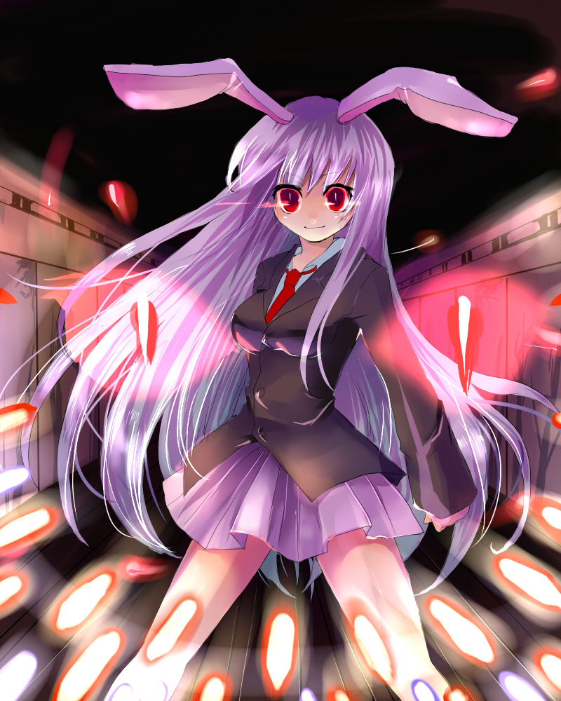 kobanzame, reisen udongein inaba, touhou, light purple hair, bad id, bad pixiv id, 1girl, animal ears, blazer, bullet, danmaku, female focus, jacket, pleated skirt, rabbit ears, red eyes, skirt, solo