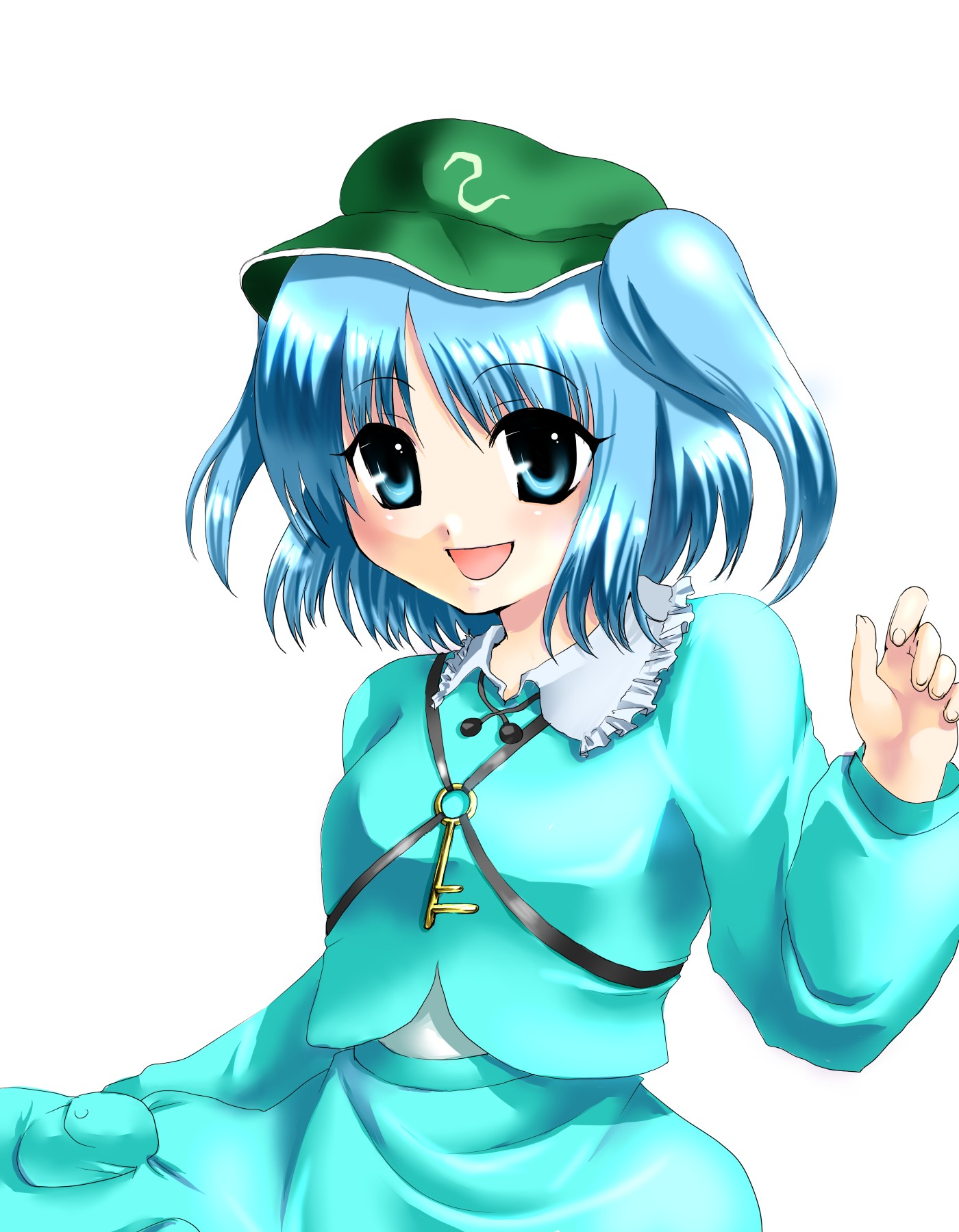 kobanzame, kawashiro nitori, touhou, bad id, bad pixiv id, highres, 1girl, blue eyes, blue hair, female focus, hat, key, matching hair/eyes, open mouth, short hair, simple background, smile, solo, twintails, two side up