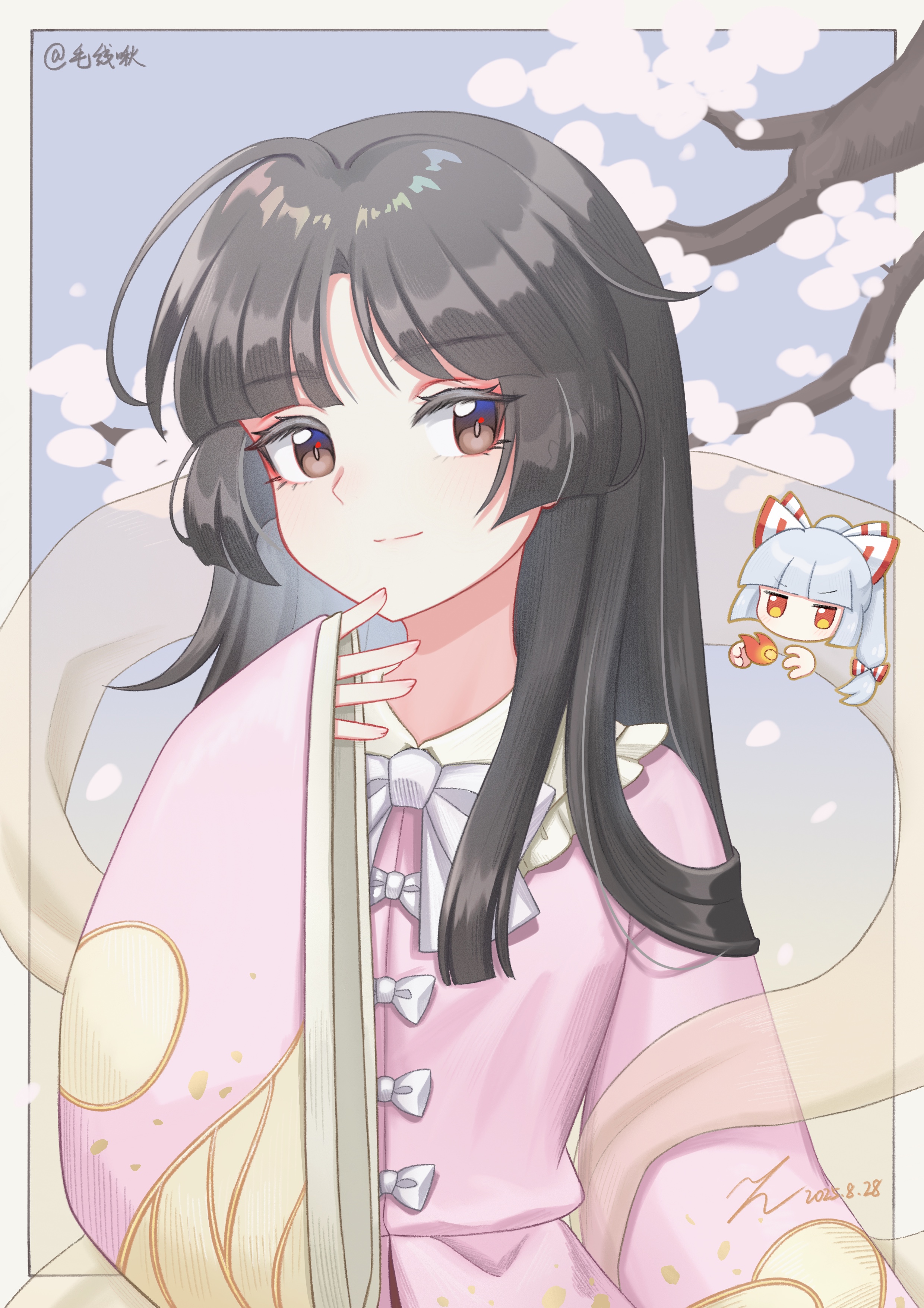 kiri (maoxianjiu), fujiwara no mokou, houraisan kaguya, touhou, absurdres, commentary, highres, 2girls, black hair, bow, branch, brown eyes, cherry blossoms, chibi, hair bow, long hair, looking at viewer, multiple girls, orange eyes, pink shirt, shirt, white hair, wide sleeves