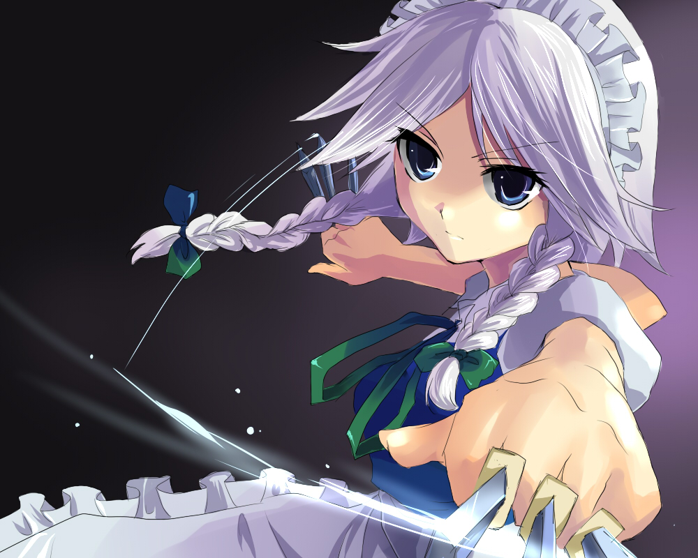 kobanzame, izayoi sakuya, touhou, light purple hair, silver hair, vehicle, bad id, bad pixiv id, 1girl, between fingers, blue eyes, bow, braid, bus, female focus, foreshortening, glint, hair bow, holding, knife, maid headdress, motor vehicle, outstretched arms, serious, short hair, simple background, solo, spread arms, twin braids