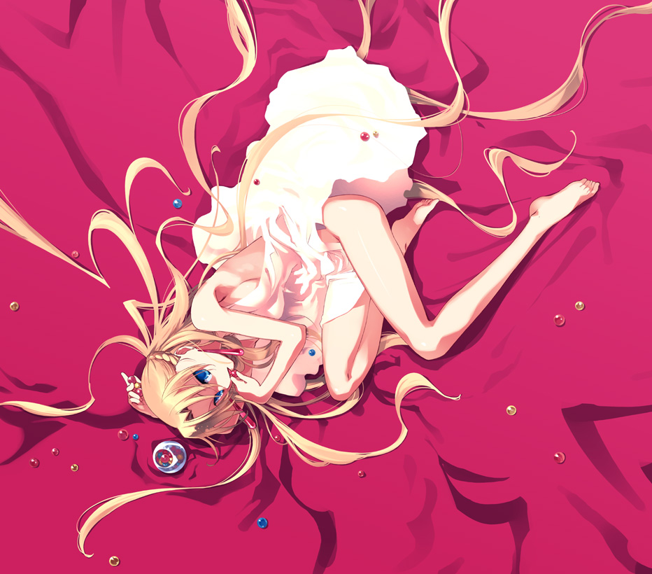 ishida akira, barefoot, bed, blonde hair, blue eyes, candy, food, from above, jar, long hair, looking up, lying, solo