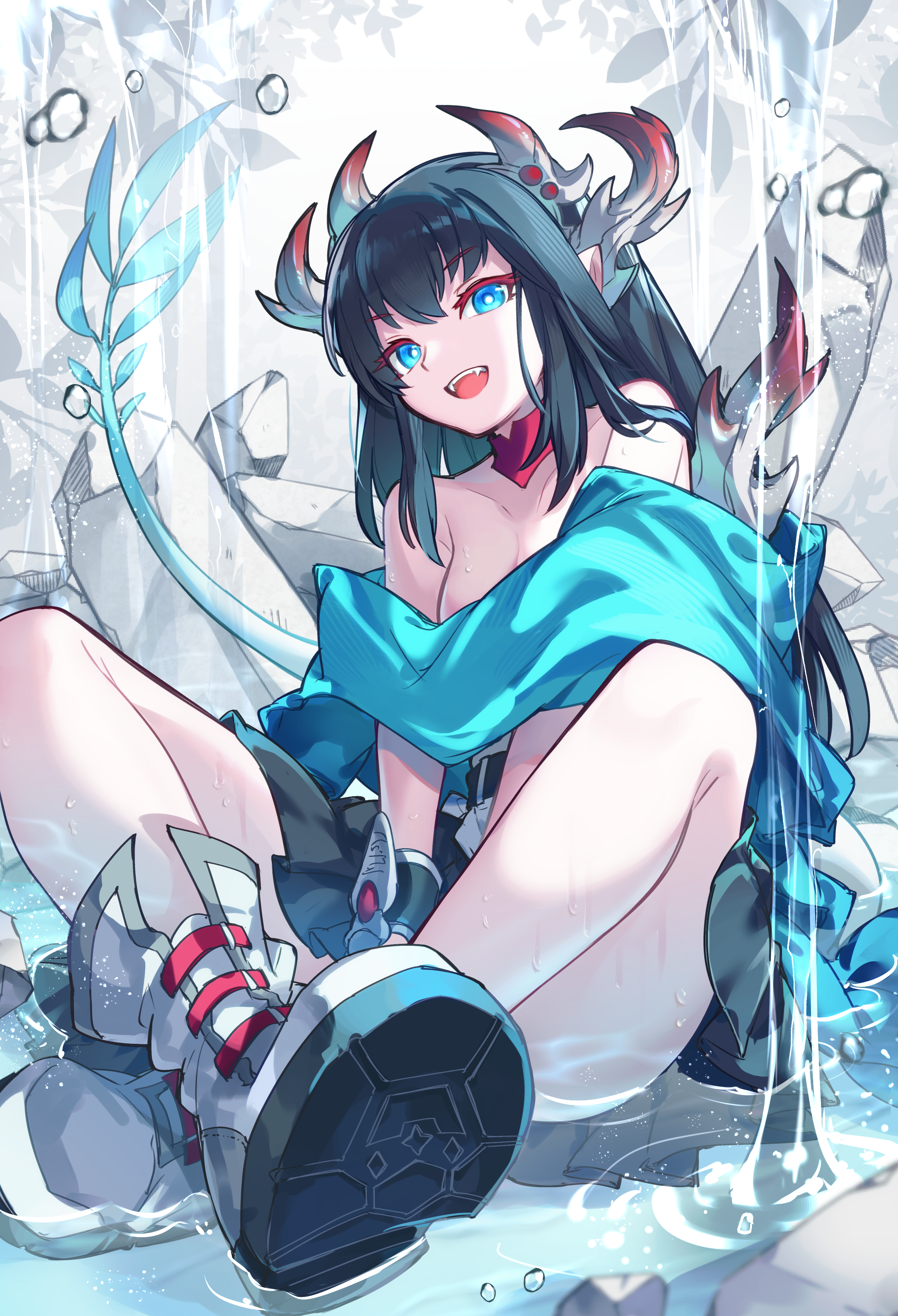 kuuron (moesann17), gin tonic (p&d), puzzle & dragons, absurdres, highres, 1girl, black hair, blue eyes, blue shirt, breasts, dragon girl, dragon horns, dragon tail, fang, horns, large breasts, long hair, off shoulder, open mouth, puddle, shirt, shoes, sitting, skirt, smile, solo, tail, thighs, water, wet