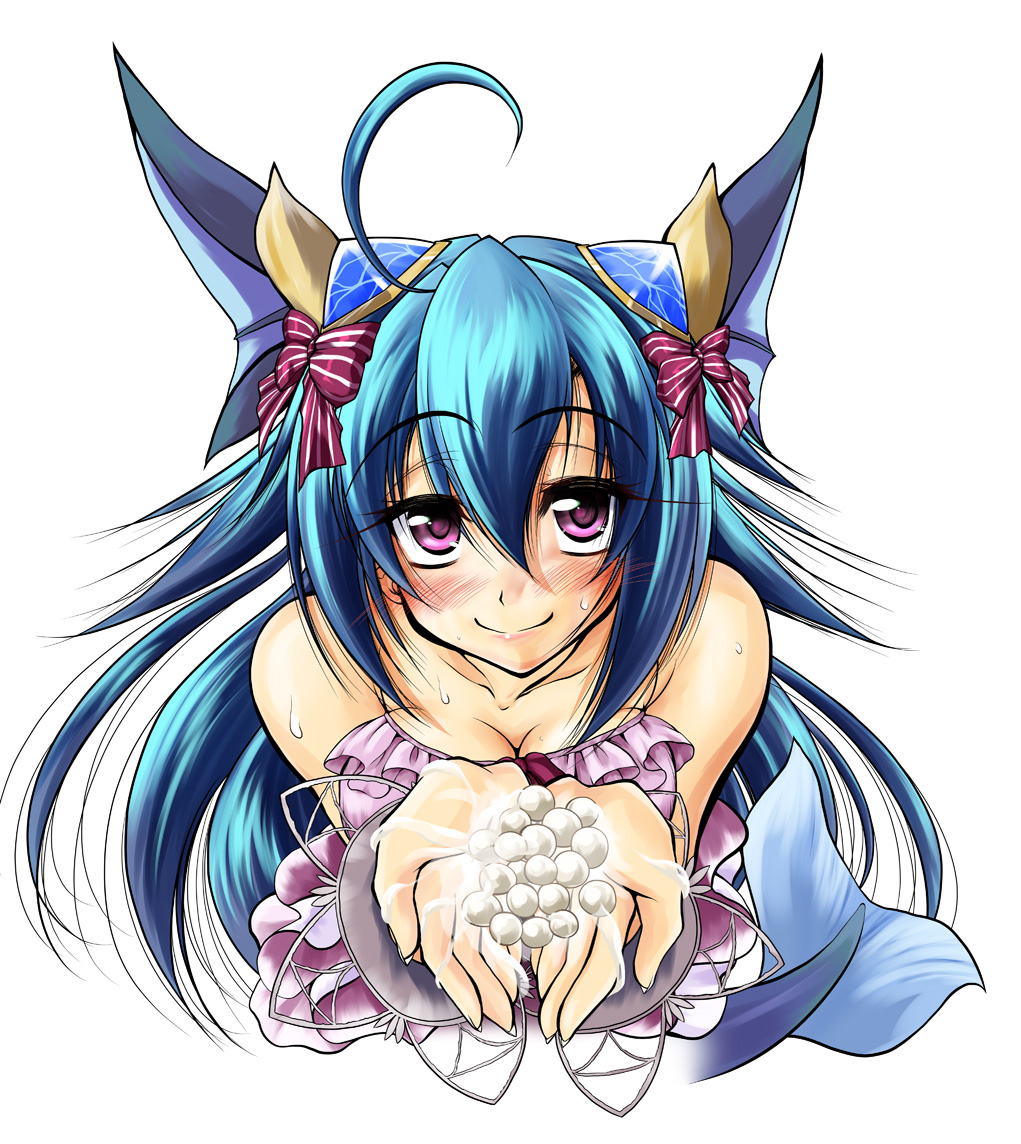 parf, lorelei lore, emil chronicle online, 1girl, ahoge, blue hair, blush, breasts, egg, egg laying, fins, frilled skirt, frilled tube top, frills, hair ornament, hair ribbon, head fins, holding, holding egg, large breasts, long hair, looking at viewer, mermaid, monster girl, pink skirt, pink tube top, purple eyes, purple hair, red ribbon, ribbon, skirt, smile, solo, strapless, sweatdrop, tube top, white background