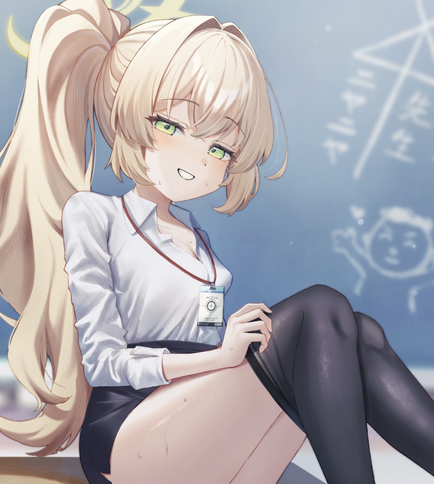 no.054 (adar5857), doodle sensei (blue archive), professor niyaniya (blue archive), professor niyaniya (teacher) (blue archive), sensei (blue archive), blue archive, commentary request, highres, 1girl, ai ai gasa, black pantyhose, black skirt, blonde hair, breasts, green eyes, halo, high ponytail, lanyard, long sleeves, looking at viewer, miniskirt, pantyhose, parted lips, pencil skirt, ponytail, shirt, sitting, skirt, small breasts, solo, teeth, white shirt, yellow halo