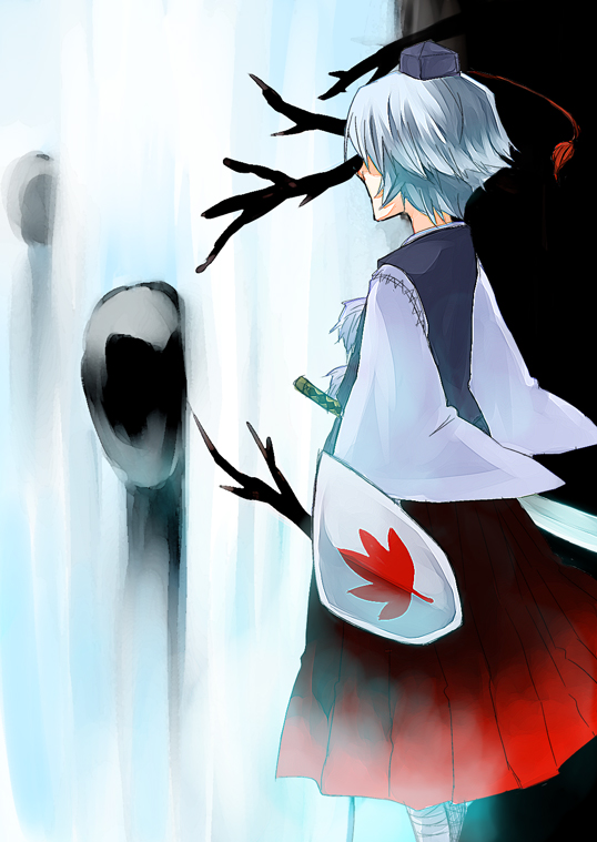 kagero (burstlife), tadano kagekichi, inubashiri momiji, touhou, silver hair, 1girl, branch, female focus, from behind, hat, long skirt, nature, plant, shield, short hair, skirt, solo, standing, sword, tokin hat, water, waterfall, weapon