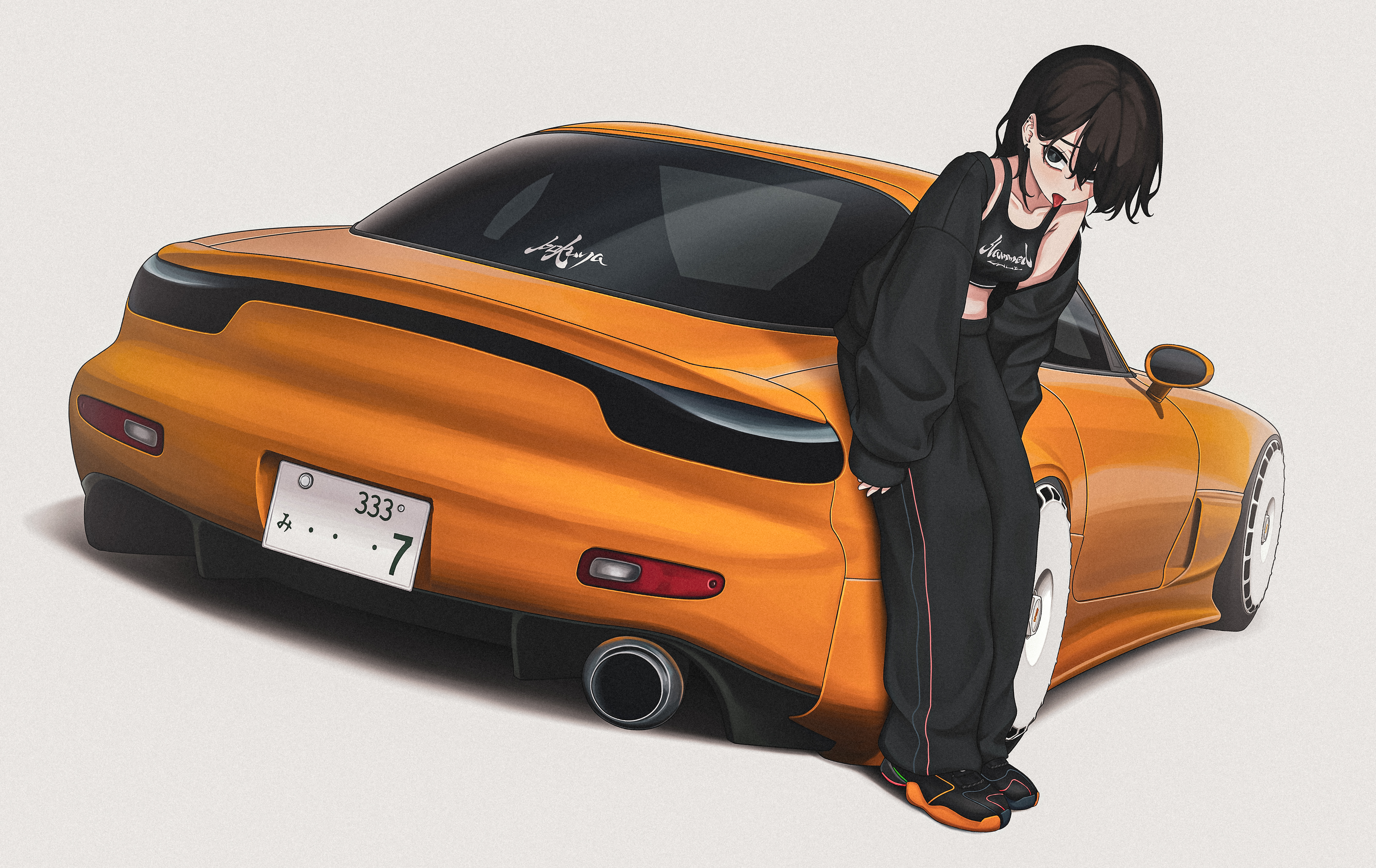 bokuya, mazda, original, absurdres, commentary, highres, 1girl, :p, black hair, black jacket, black pants, black sports bra, car, exhaust, hair over one eye, jacket, leaning back, license plate, long sleeves, looking at viewer, mazda rx-7, mazda rx-7 fd, medium hair, midriff, motor vehicle, open clothes, open jacket, orange car, pants, simple background, sports bra, sports car, standing, tongue, tongue out, white background
