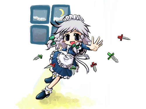 izou, izayoi sakuya, touhou, silver hair, lowres, 1girl, braid, chibi, female focus, knife, short hair, solo, throwing knife, twin braids, weapon