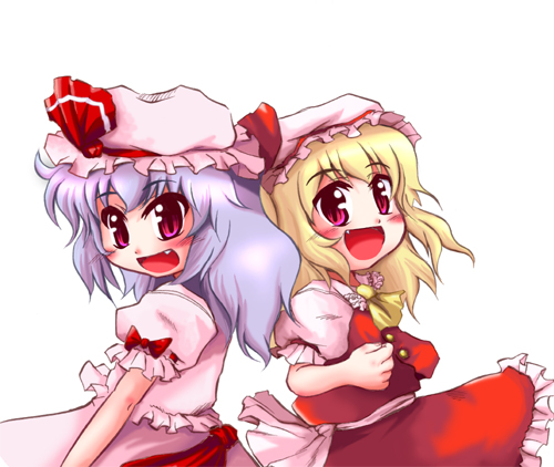 izou, flandre scarlet, remilia scarlet, touhou, lowres, 2girls, female focus, multiple girls, siblings, sisters