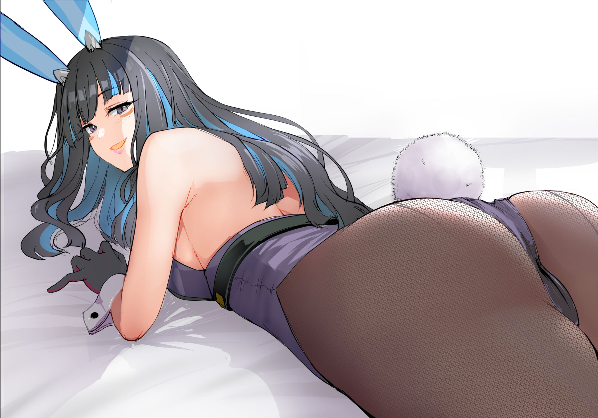 yugensangyo, tenochtitlan (fate), tenochtitlan (swimsuit mooncancer) (third ascension) (fate), fate/grand order, fate (series), tenochtitlan (swimsuit mooncancer) (fate), highres, 1girl, animal ears, ass, back, bare shoulders, belt, black gloves, black hair, black leotard, blue hair, blush, breasts, brown pantyhose, colored inner hair, eyeliner, fake animal ears, fake tail, gloves, grey eyes, highleg, highleg leotard, leotard, long hair, looking at viewer, looking back, lying, makeup, medium breasts, multicolored hair, on stomach, open mouth, pantyhose, playboy bunny, rabbit ears, rabbit tail, red gloves, sidelocks, smile, solo, tail, thighs