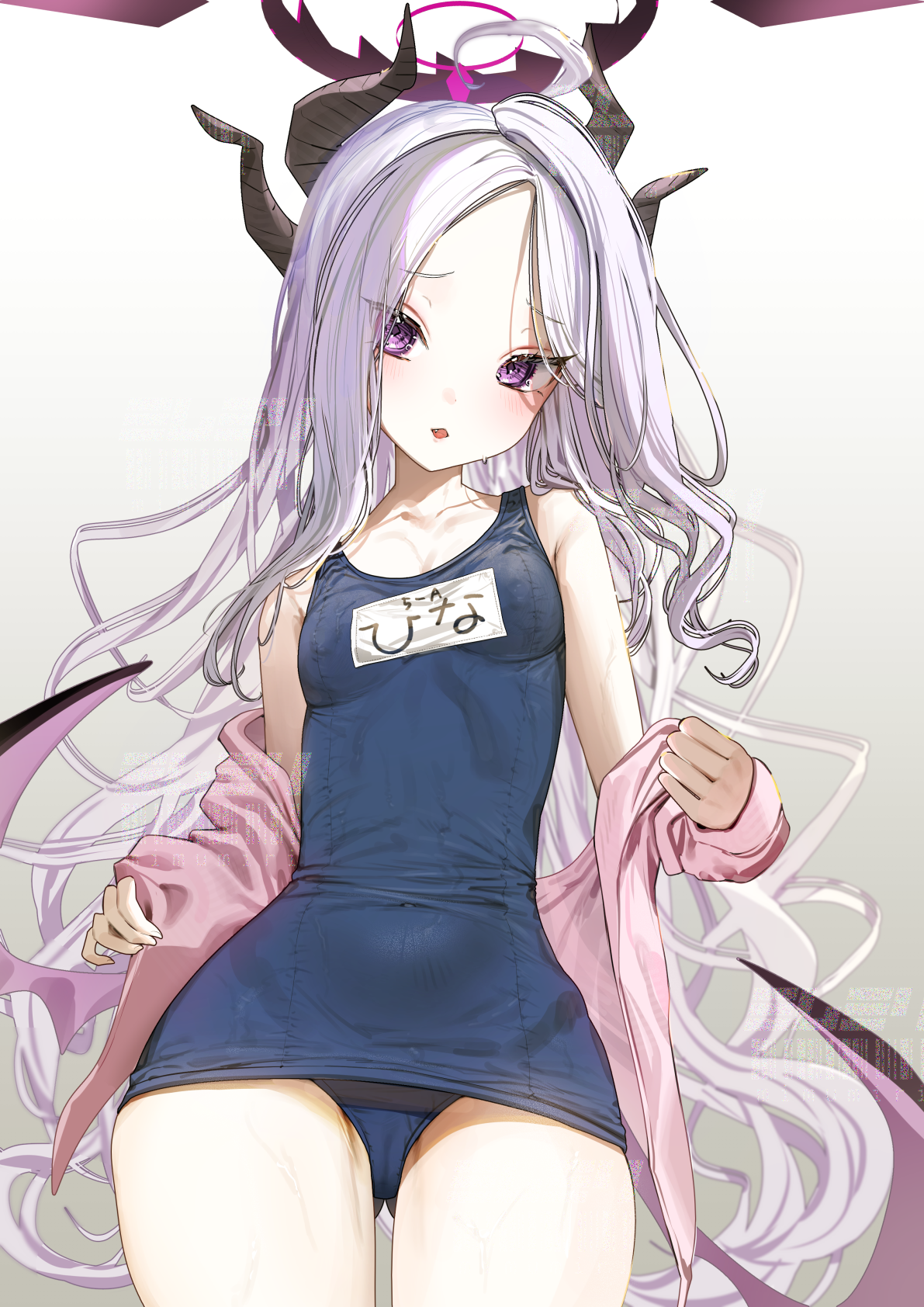 oomabiblogo2, hina (blue archive), blue archive, highres, 1girl, ahoge, black halo, breasts, demon girl, demon horns, demon wings, halo, horns, long hair, looking at viewer, old school swimsuit, purple eyes, school swimsuit, small breasts, swimsuit, white hair, wings