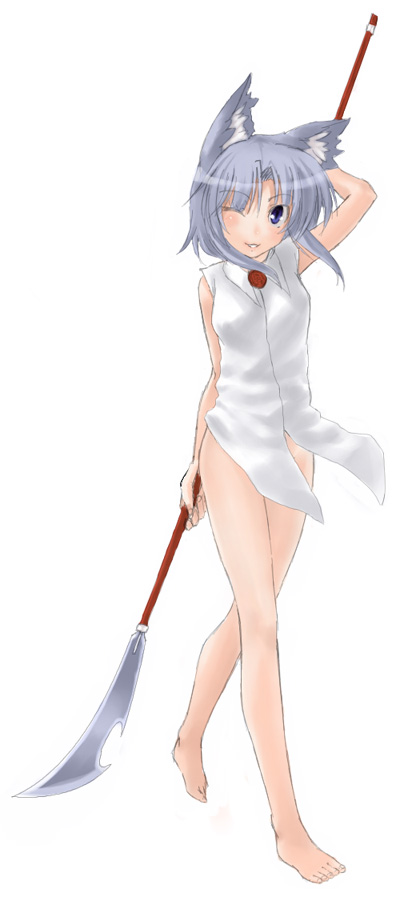 kirisato itsuki, original, 1girl, animal ears, barefoot, blue hair, bottomless, feet, female focus, full body, legs, naginata, one eye closed, polearm, shirt, short hair, simple background, sleeveless, solo, weapon, white shirt, wink