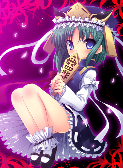 yukizuki chikuba, shiki eiki, touhou, 1girl, blue eyes, blush, bow, covering face, covering own mouth, covering privates, feet, female focus, flower, frills, green hair, hat, mary janes, night, petals, red flower, ribbon, rod of remorse, shoes, short hair, sitting, skirt, socks, solo, spider lily