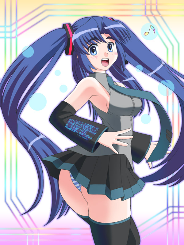 tofu juuji, asakura ryoko, hatsune miku, suzumiya haruhi no yuuutsu, vocaloid, cosplay, hatsune miku (cosplay), panties, pantyshot, parody, solo, striped clothes, striped panties, thighhighs, twintails, underwear, upskirt