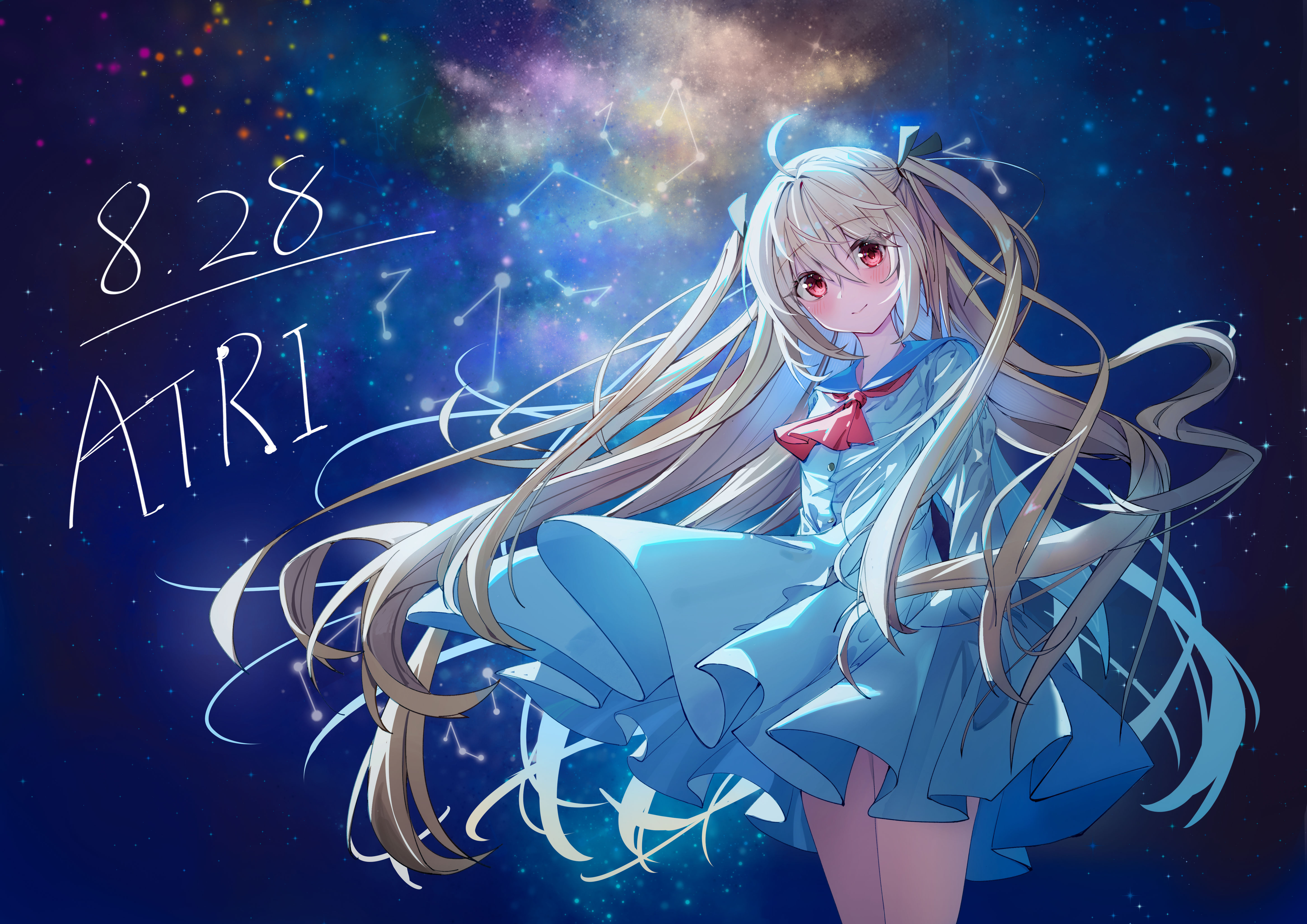 pokemongundam, atri, atri-my dear moments-, absurdres, commentary, highres, 1girl, ahoge, arms behind back, ascot, birthday, black ribbon, blue sailor collar, blush, brown hair, buttons, character name, closed mouth, constellation, cowboy shot, dated, dress, eyelashes, eyes visible through hair, floating clothes, floating hair, hair between eyes, hair ribbon, long hair, long sleeves, looking at viewer, milky way, night, outdoors, red ascot, red eyes, ribbon, sailor collar, sailor dress, sidelocks, sky, smile, solo, star (sky), starry sky, two side up, very long hair, white dress