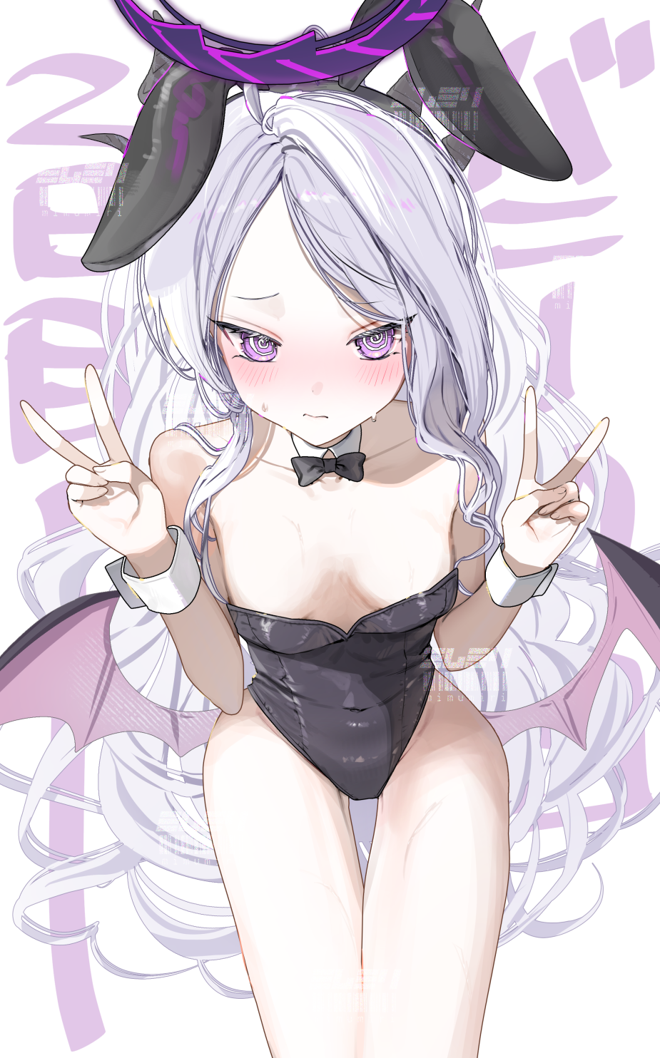 oomabiblogo2, hina (blue archive), blue archive, commentary request, highres, 1girl, ahoge, animal ears, breasts, demon girl, demon horns, demon wings, double v, horns, leotard, long hair, looking at viewer, playboy bunny, purple eyes, rabbit ears, small breasts, solo, standing, v, very long hair, white hair, wings