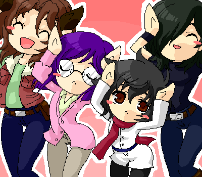 allelujah haptism, lockon stratos, setsuna f. seiei, tieria erde, gundam, gundam 00, lowres, 00s, 4boys, caramelldansen, glasses, male focus, multiple boys, oekaki, scarf