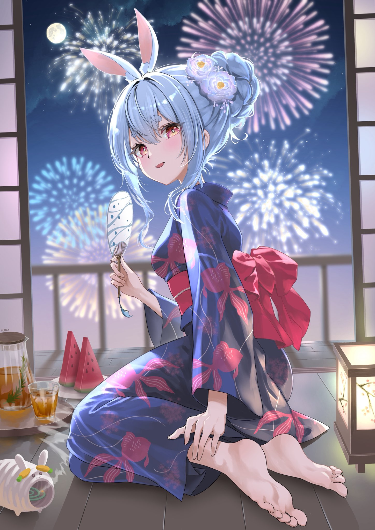 genjitsu pirika, usada pekora, hololive, commentary request, highres, 1girl, aerial fireworks, alternate costume, animal ear fluff, animal ears, animal print, barefoot, blue flower, blue hair, blue kimono, breasts, cup, drinking glass, feet, fireworks, fish print, flower, food, fruit, hair between eyes, hair bun, hair flower, hair ornament, hand fan, holding, holding fan, indoors, japanese clothes, kayari buta, kimono, lantern, light blush, long sleeves, looking at viewer, medium breasts, night, obi, open mouth, orange eyes, paper fan, pitcher (container), print kimono, rabbit ears, rabbit girl, red sash, sash, short eyebrows, shouji, single hair bun, sitting, sliding doors, smile, soles, solo, thick eyebrows, toes, uchiwa, virtual youtuber, watermelon, watermelon slice, wooden floor, wooden lantern, yokozuwari
