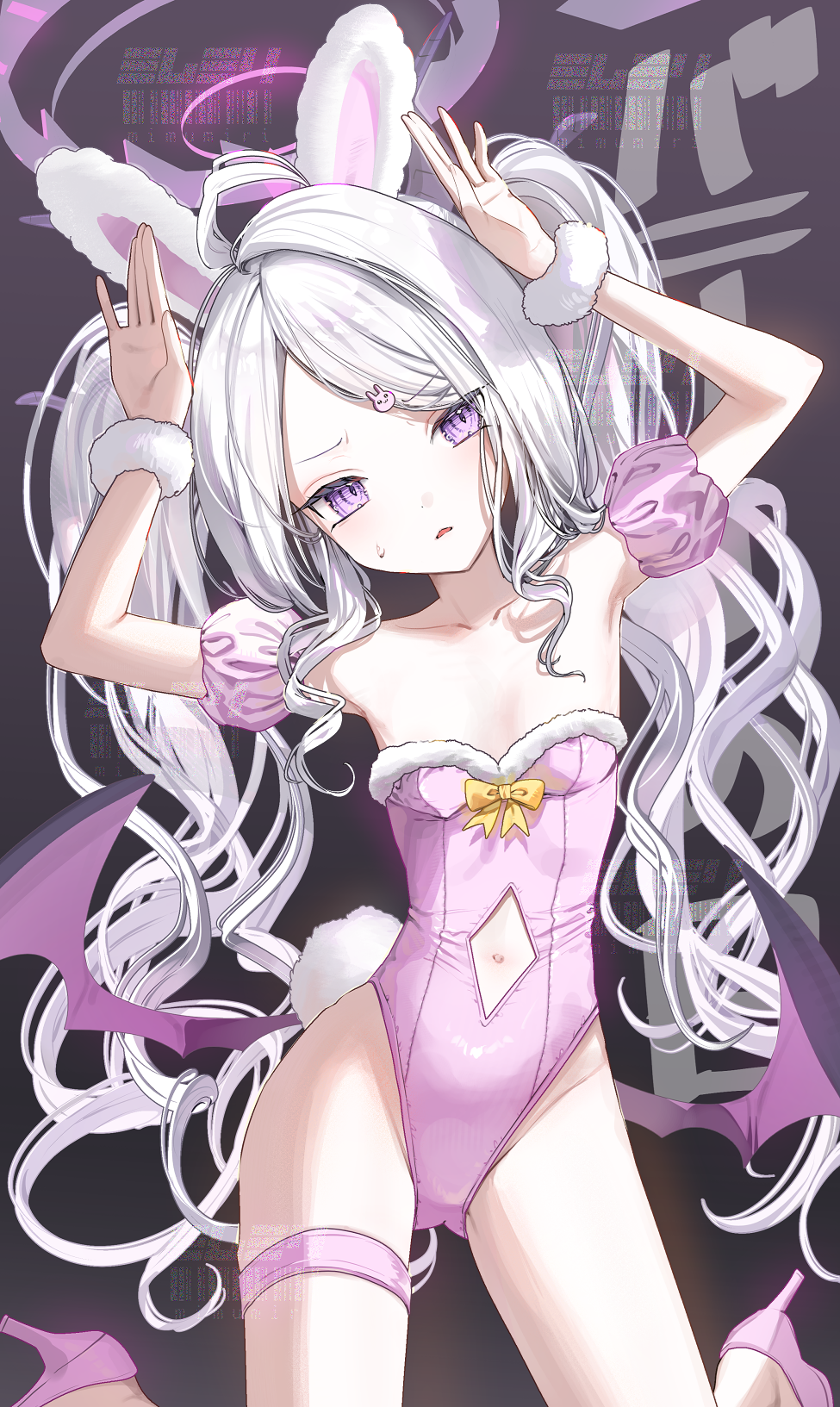oomabiblogo2, hina (blue archive), blue archive, commentary request, highres, 1girl, ahoge, animal ears, blush, breasts, demon girl, demon horns, demon wings, horns, long hair, looking at viewer, navel, purple eyes, rabbit ears, rabbit tail, small breasts, solo, tail, white hair, wings