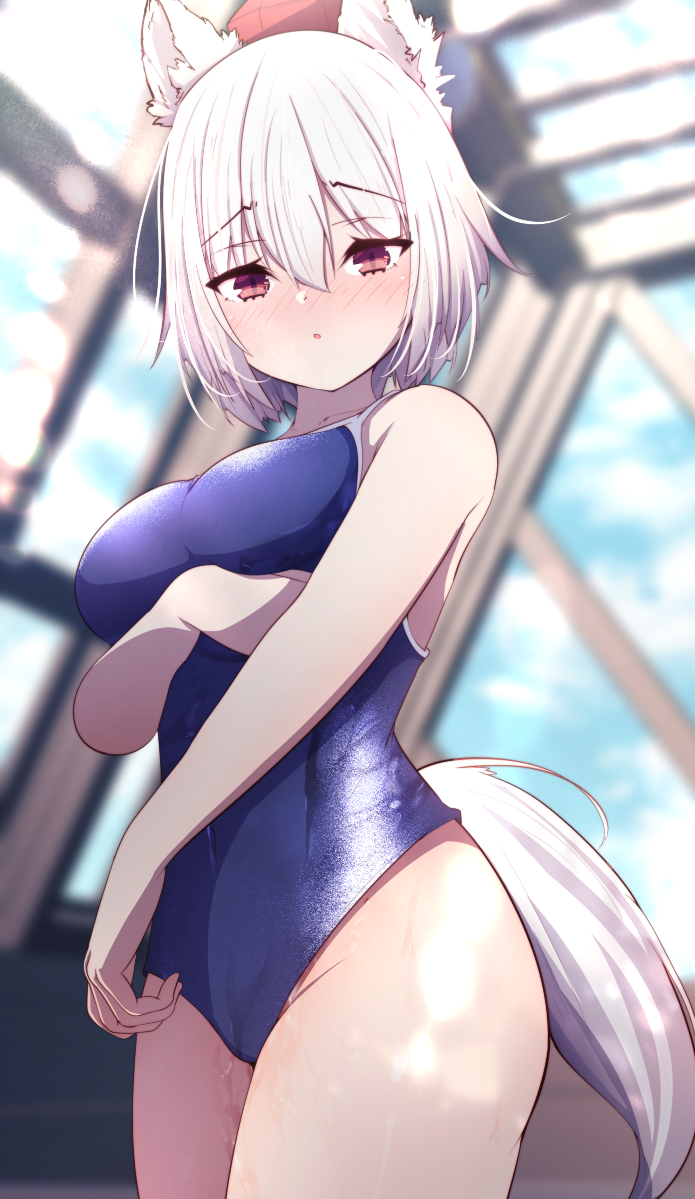 darumoon, inubashiri momiji, touhou, absurdres, commentary request, highres, 1girl, :o, animal ears, arm under breasts, blue one-piece swimsuit, blush, breasts, collarbone, cowboy shot, eyelashes, groin, hair between eyes, hat, large breasts, looking at viewer, medium hair, one-piece swimsuit, parted lips, red eyes, rei no pool, school swimsuit, solo, standing, swimsuit, tail, thighs, tokin hat, white hair, wolf ears, wolf girl, wolf tail