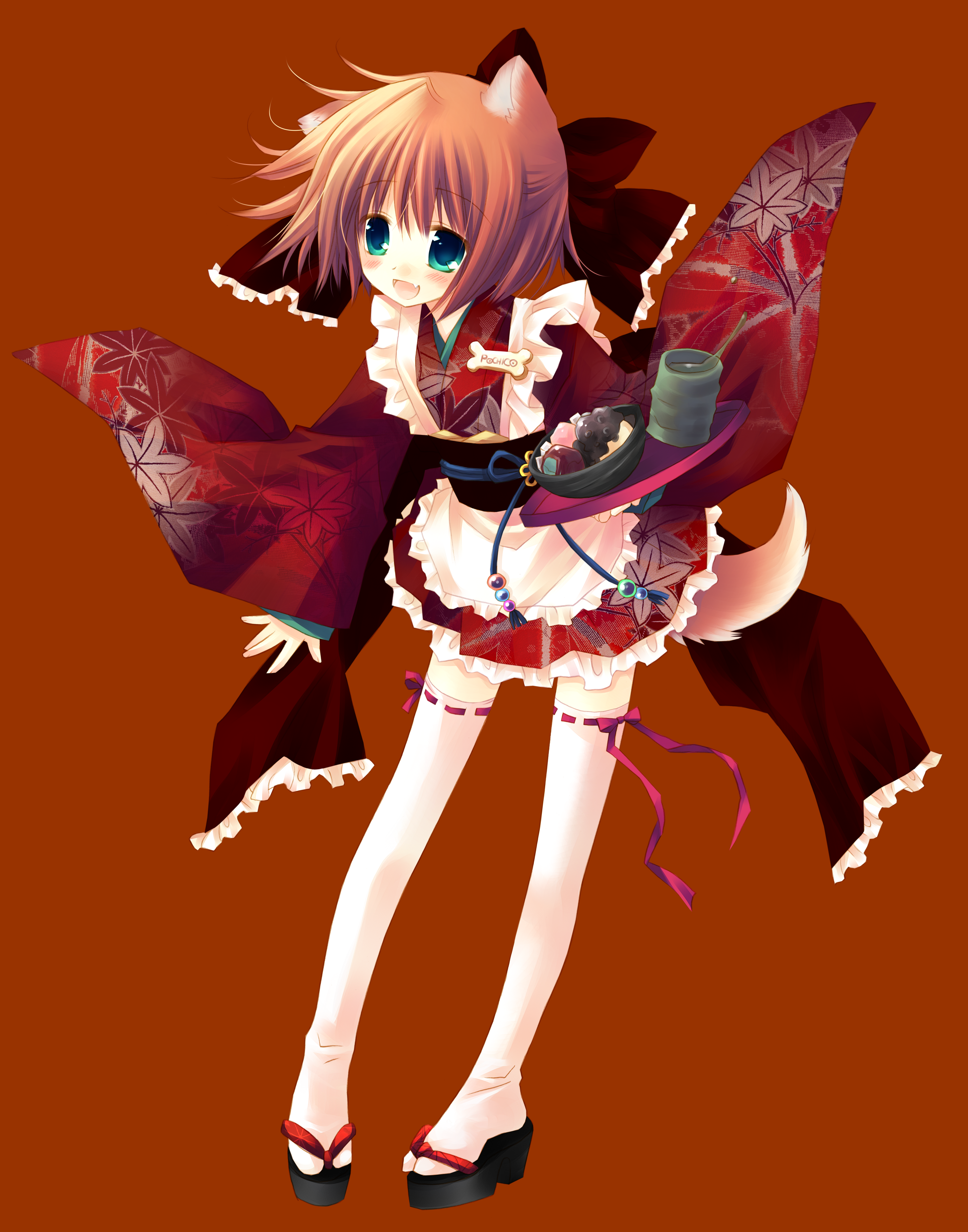 sakurazawa izumi, absurdres, highres, animal ears, blue eyes, bow, fang, ribbon, solo, thighhighs
