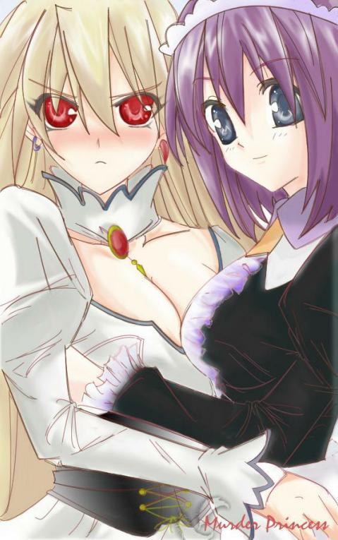 alita forland, arita forando, milano entolasia, mirano entolasia, murder princess, 00s, 2girls, angry, blonde hair, blue eyes, blush, breasts, cleavage, dress, earrings, hug, jewelry, large breasts, long hair, maid, multiple girls, necklace, purple hair, red eyes, short hair, smile, white dress