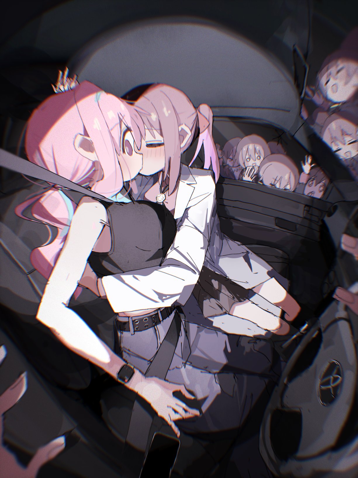 2mai84, hozuki kaede, murosaki miyo, oyama mihari, onii-chan wa oshimai!, commentary, highres, 6+girls, bare arms, belt, black hair, black shirt, black skirt, blue hair, blush, bolo tie, breasts, car interior, closed eyes, female pov, grey pants, himejoshi, holding hands, interlocked fingers, kiss, lab coat, large breasts, multicolored hair, multiple girls, multiple persona, pants, pink eyes, pink hair, pov, pov hands, purple hair, seatbelt, shirt, skirt, steering wheel, twintails, two-tone hair, watch, wristwatch, yuri