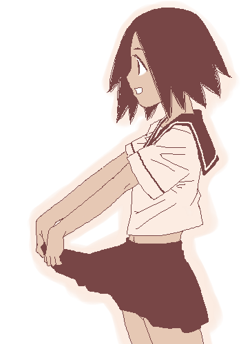 gusu, sekiutsu maria tarou, sayonara zetsubou sensei, lowres, 00s, 1girl, clothes lift, dark-skinned female, dark skin, female focus, monochrome, oekaki, pink theme, school uniform, sepia, serafuku, short hair, skirt, skirt lift, solo