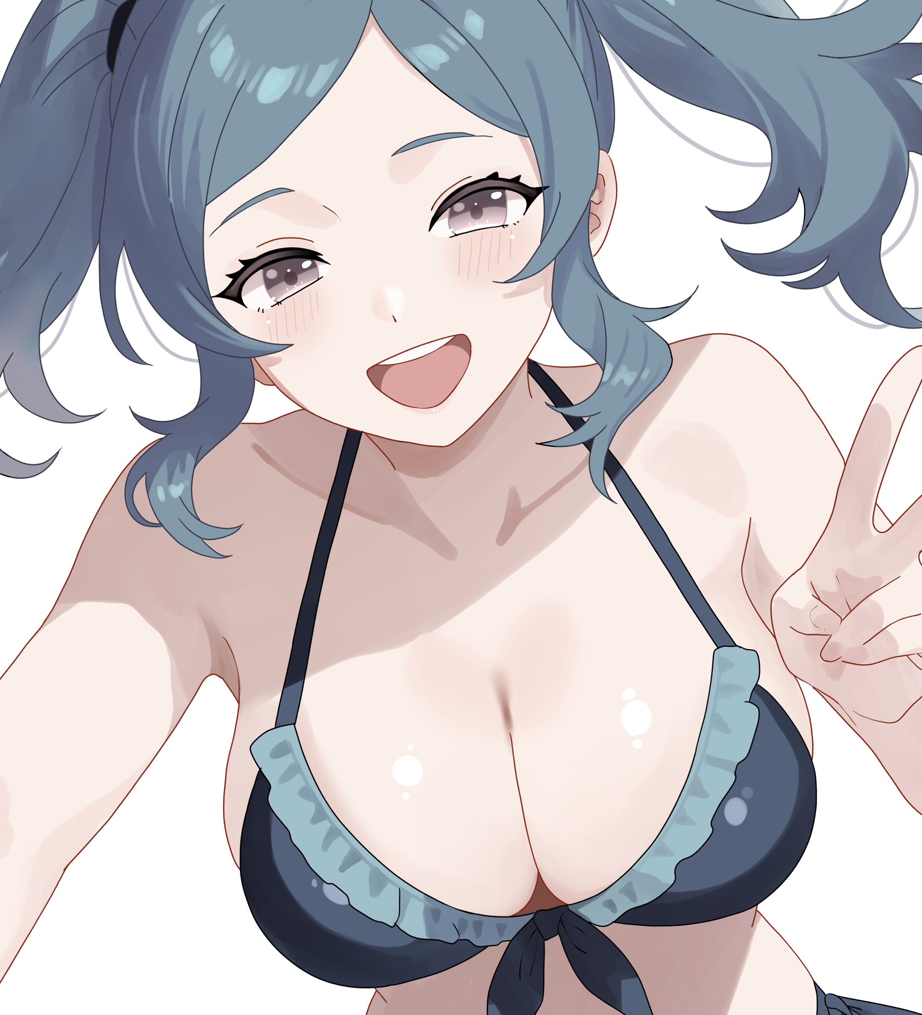 n 54, cynthia (fire emblem), fire emblem, fire emblem awakening, nintendo, highres, 1girl, :d, armpits, bare shoulders, bikini, blue bikini, blue hair, blush, breasts, cleavage, collarbone, grey eyes, large breasts, long hair, looking at viewer, open mouth, sideboob, simple background, skindentation, smile, solo, swimsuit, teeth, twintails, upper body, upper teeth only, v, white background