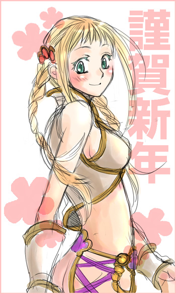 1girl, blonde hair, braid, breasts, female focus, green eyes, large breasts, smile, solo, twin braids