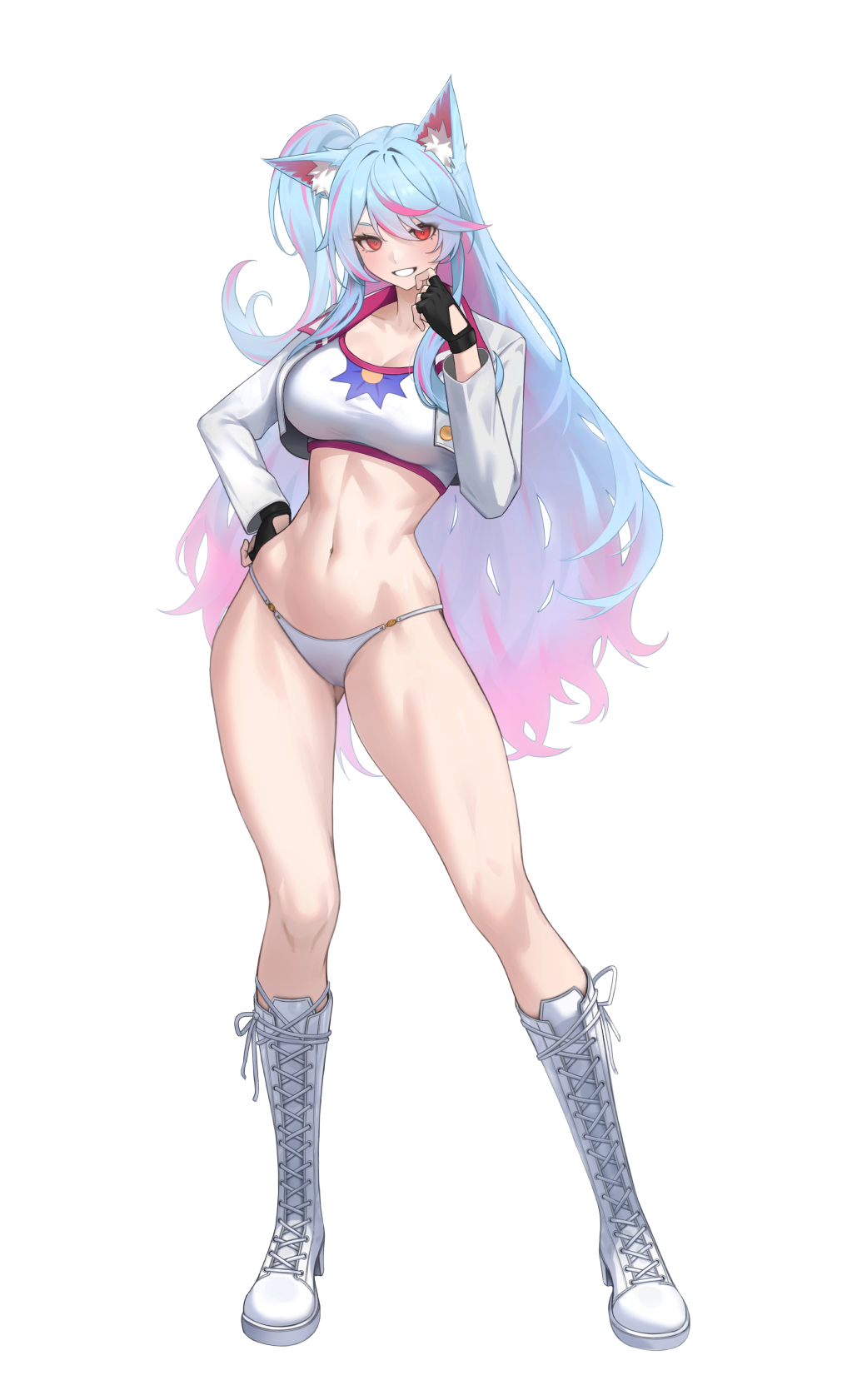 arc2urus, original, commission, highres, 1girl, animal ear fluff, animal ears, black gloves, blue hair, boots, breasts, cat ears, cat girl, clothing cutout, crop top, cropped jacket, fingerless gloves, full body, glove cutout, gloves, hand on own hip, jacket, large breasts, long hair, long sleeves, looking at viewer, navel, one side up, open clothes, open jacket, panties, red eyes, simple background, smile, solo, sports bra, standing, stomach, thighs, underwear, very long hair, white background, white boots, white jacket, white panties, white sports bra