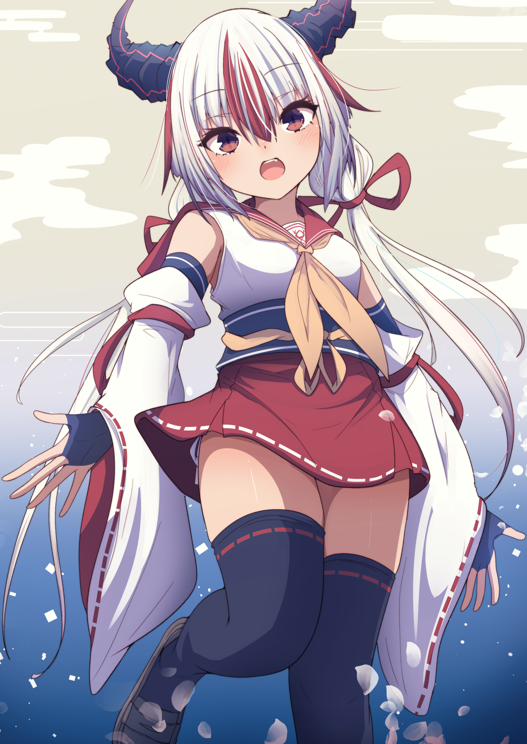 darumoon, original, absurdres, commentary request, highres, 1girl, :d, bare shoulders, black gloves, black horns, black oni, black thighhighs, blue background, boots, breasts, brown boots, cowboy shot, demon horns, detached sleeves, elbow gloves, eyelashes, falling petals, fingerless gloves, gloves, gradient background, hair between eyes, horns, leg up, loafers, long hair, looking at viewer, miniskirt, multicolored hair, neckerchief, open mouth, panties, petals, red eyes, red hair, red ribbon, red sailor collar, red skirt, ribbon, ribbon-trimmed sleeves, ribbon trim, sailor collar, shirt, shoes, side-tie panties, side-tie peek, skirt, small breasts, smile, solo, standing, standing on one leg, straight-on, streaked hair, teeth, thick thighs, thighhighs, thighs, tongue, two-tone hair, underwear, upper teeth only, white background, white shirt, white sleeves, wide sleeves, yellow background, yellow neckerchief, zettai ryouiki